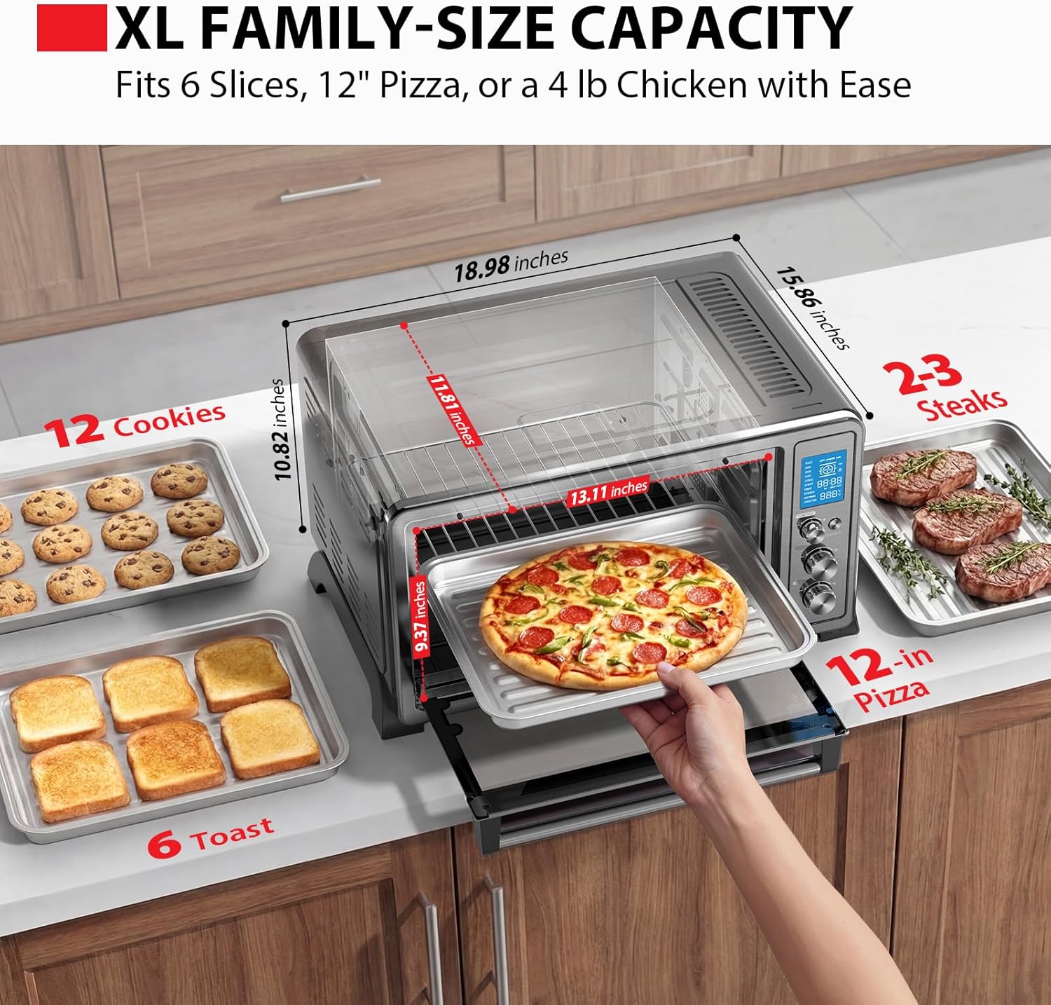 TOSHIBA 10-in-1 Convection Toaster Oven, 6-Slice Countertop Oven, 1500W with Toast, Bake, Broil, Rotisserie & Pizza Functions, LCD Knob Controls, 6 Accessories, Black Stainless Steel