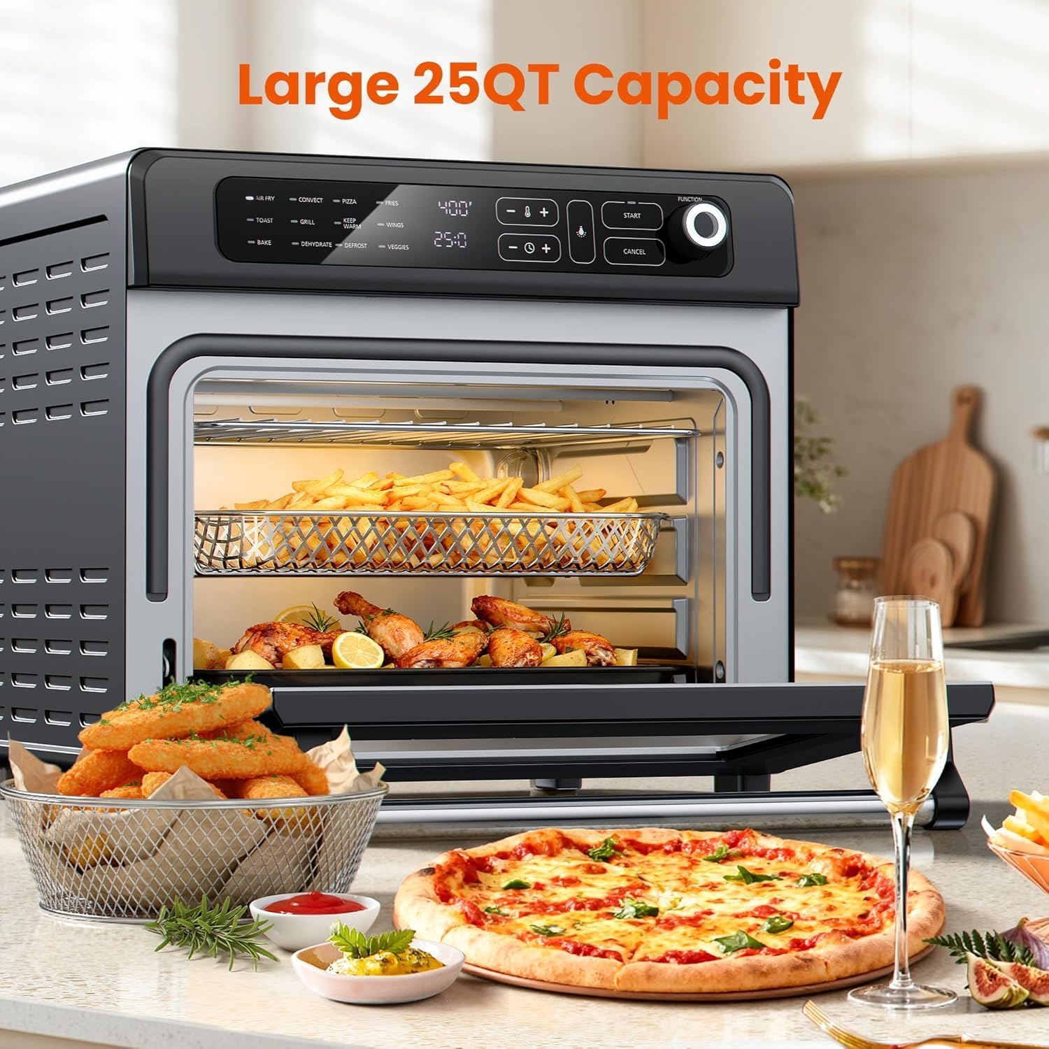Electactic 25QT Air Fryer Toaster Oven Combo,12-in-1 Large Convection Airfryer Oven with 60-Minute Timer,70–450℉ Temperature Control,Roast & Broil, Fits 8-10″ Pizza(Black)
