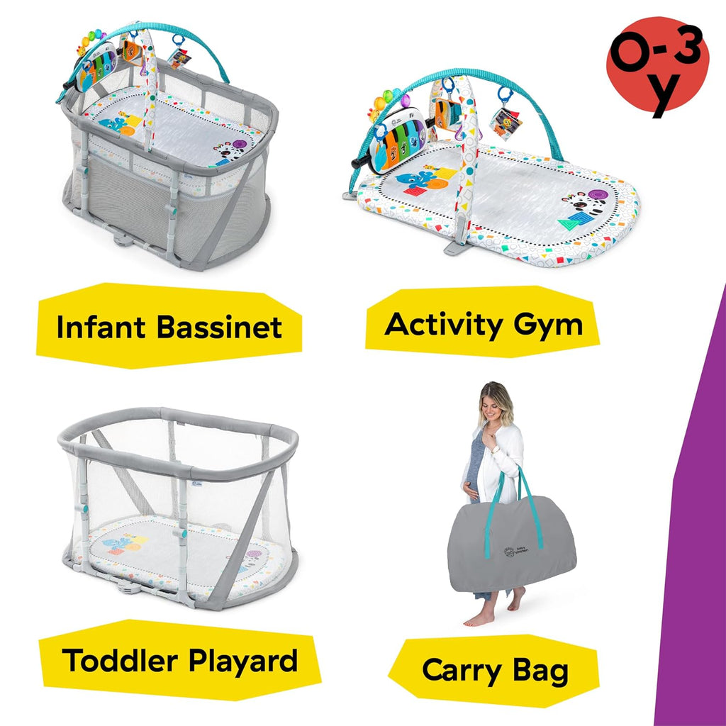 Baby Einstein Kick & Snooze 3-in-1 Foldable Playard, Bassinet and Musical Play Gym, Includes Fitted Sheet, 3-Step Easy Fold, Piano Toy with 25+ Minutes of Music, Grows with Baby, Ages 0 Months and Up