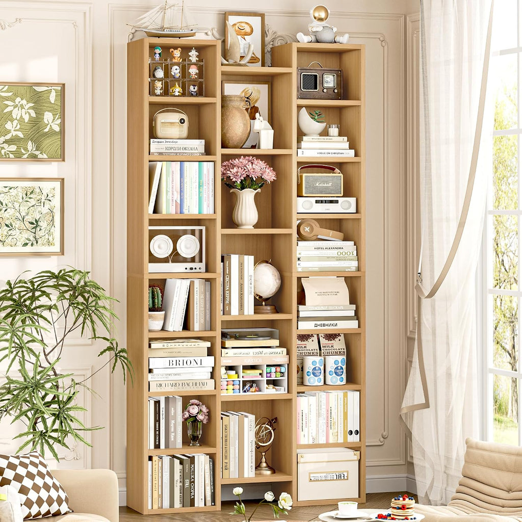 FOTOSOK 71'' Tall Bookshelf with 21 Cubes, 8 Tier Triple Wide Bookshelf with 8 Adjustable Shelves, 35' Wood Bookcase DVD/CD Media Tower Storage, Freestanding Display Shelf Cabinet, Natural