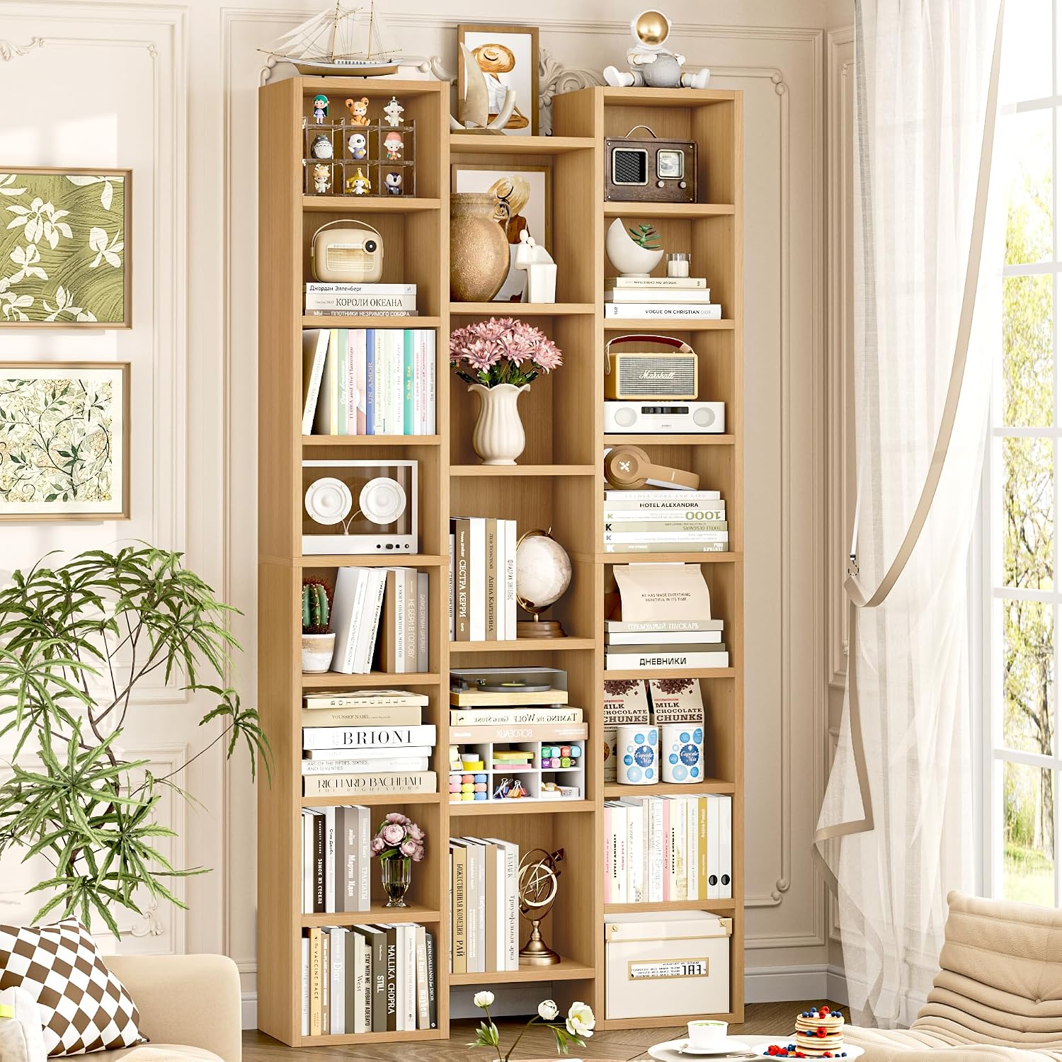 FOTOSOK 71'' Tall Bookshelf with 21 Cubes, 8 Tier Triple Wide Bookshelf with 8 Adjustable Shelves, 35' Wood Bookcase DVD/CD Media Tower Storage, Freestanding Display Shelf Cabinet, Natural