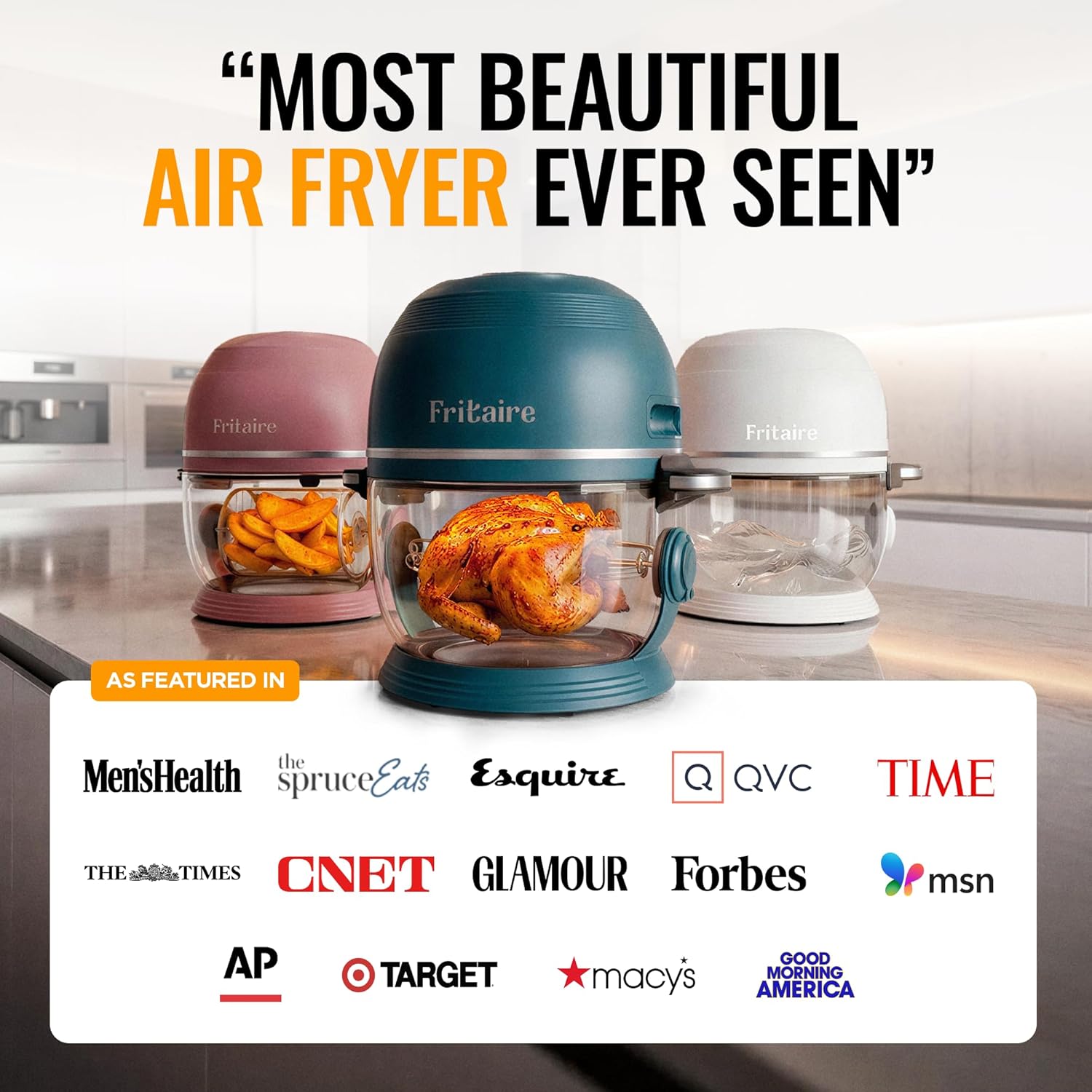 Non Toxic Air Fryer™ Pro | 9-in-1 Glass Air Fryer | Self-Cleaning | 5 Quart | Rotisserie and Tumbler | 400F Vortex For Even Cooking, BPA-Free Teflon Free, Recrisp, Roast, Bake, Orange