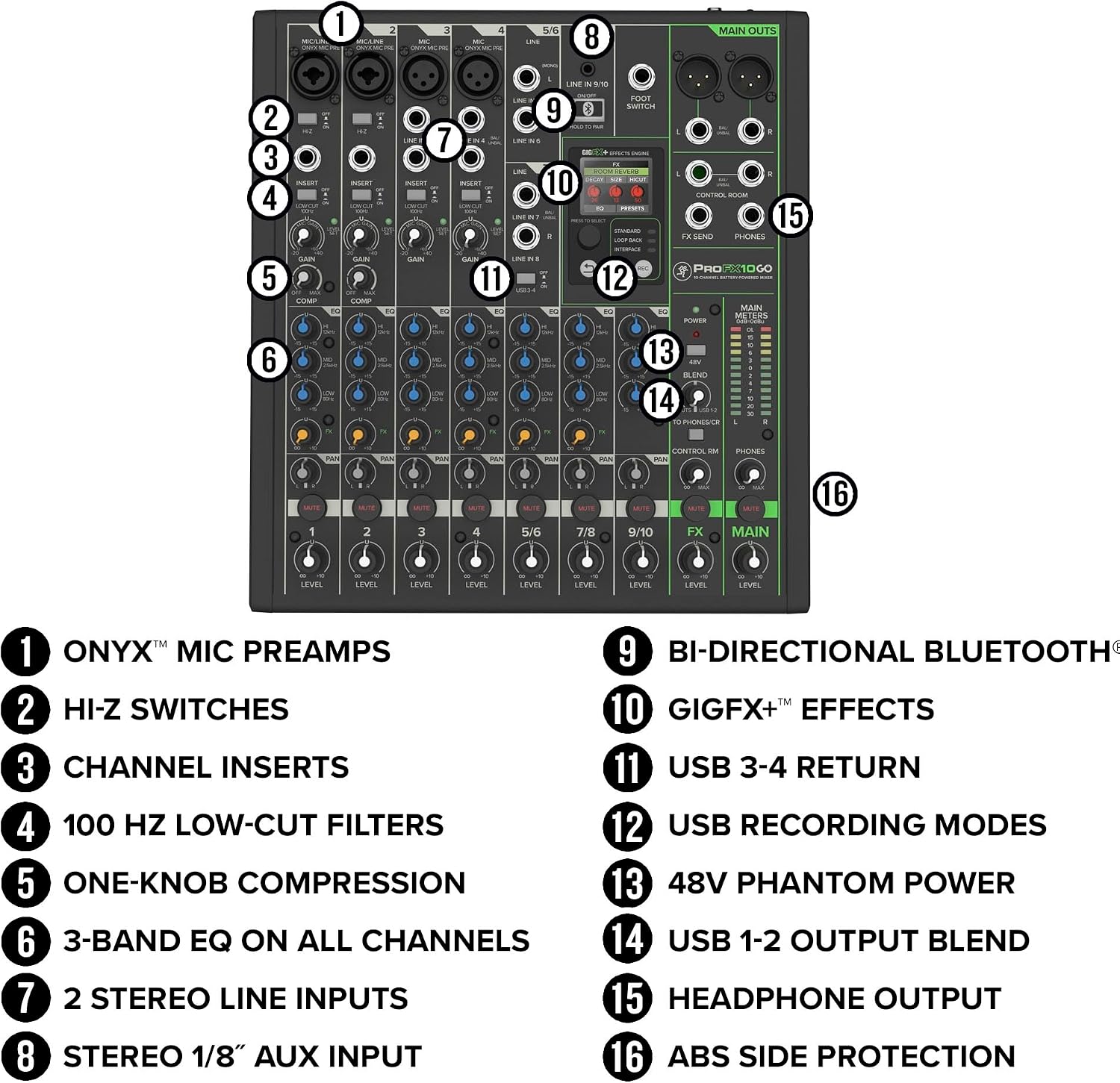 Mackie ProFX10 GO Battery-Powered 10-Channel Analog Audio Mixer With Bluetooth, USB-C Recording Modes, GigFX+ Effects, Onyx Preamps, EQ, Compression, Up to 8 Hours Battery Life