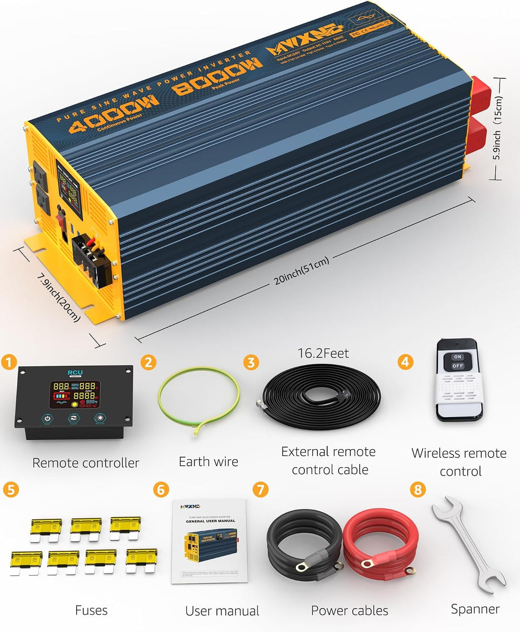 4000W Pure Sine Wave Power Inverter DC 24V to AC 110V 120V for Home RV with Dual AC Outlets 1 USB-C(60W) 3 USB-QC3.0 Fast Car Charger Adapter, LCD Display and Remote Control
