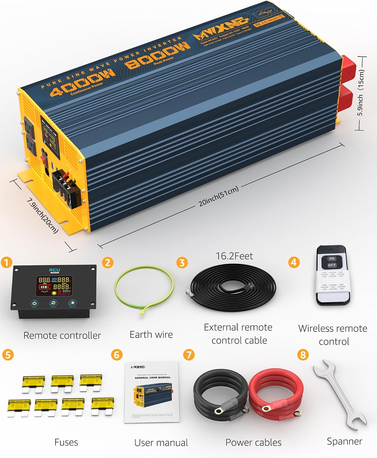 4000W Pure Sine Wave Power Inverter DC 24V to AC 110V 120V for Home RV with Dual AC Outlets 1 USB-C(60W) 3 USB-QC3.0 Fast Car Charger Adapter, LCD Display and Remote Control