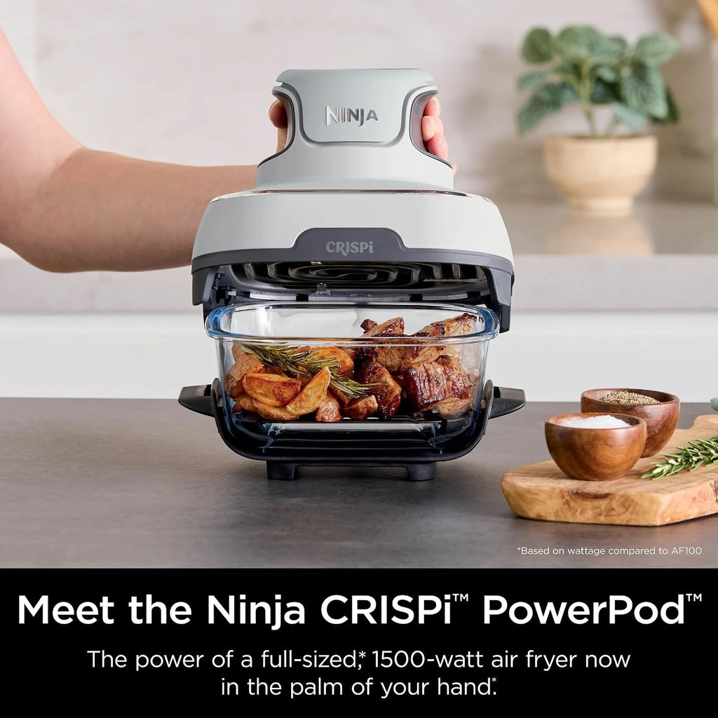 Ninja FN100WH Crispi Air Fryer, Microwave, Freezer & Dishwasher Safe, Non Toxic Glass Portable Cooking System, 4 QT & 5 Cup Glass Containers with Storage Lids, Easy Meals, White (Renewed)