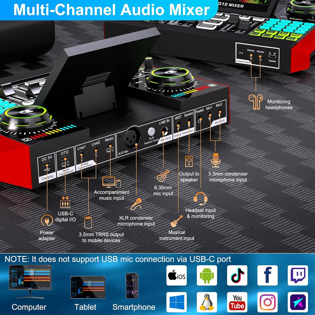 Podcast Microphone Bundle with Live Sound Board Audio Mixer, Podcast Equipment Bundle with 3.5mm Condenser Microphone(P15) for Pc/Phone Live Streaming Singing Gaming, Voice Changer, Denoise