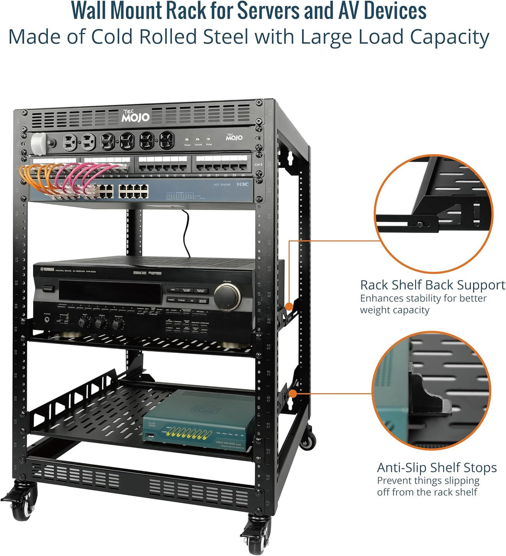 TECMOJO 16U Open Frame Network Rack for IT &AV Gear, AV Rack 4-Post with casters, Mobile 16U Rack with 2 PCS 1U Server Rack Shelf & Mounting Hardware, for 19' Network,Audio and Video Device