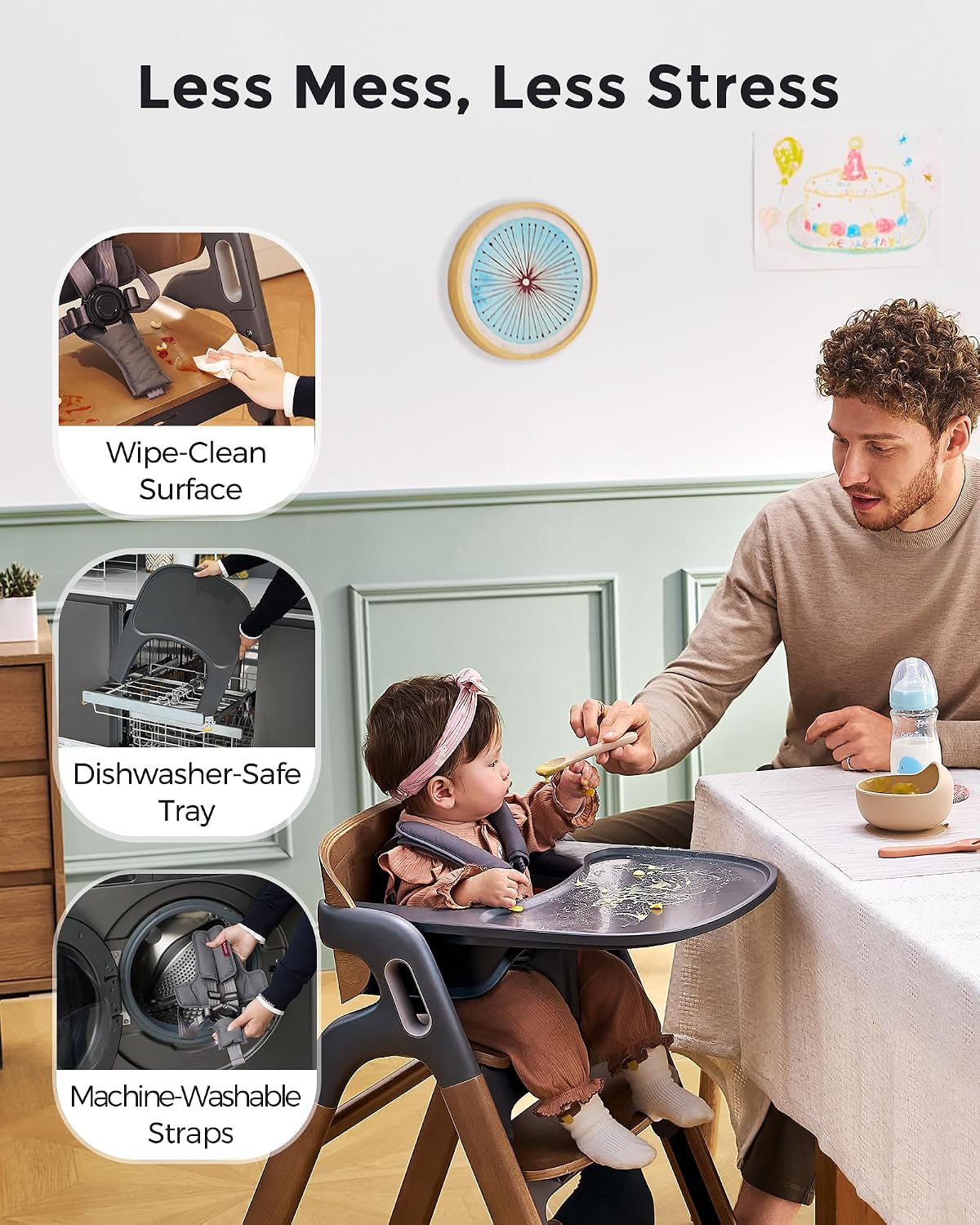 Momcozy High Chair, 5-in-1 Convertible Wooden High Chair with Food-Grade Tray, Baby Set with Removable Harness and Toddler Tower, Highchair for 6 Months to 308 lb, Adjustable & Ergonomic, Walnut