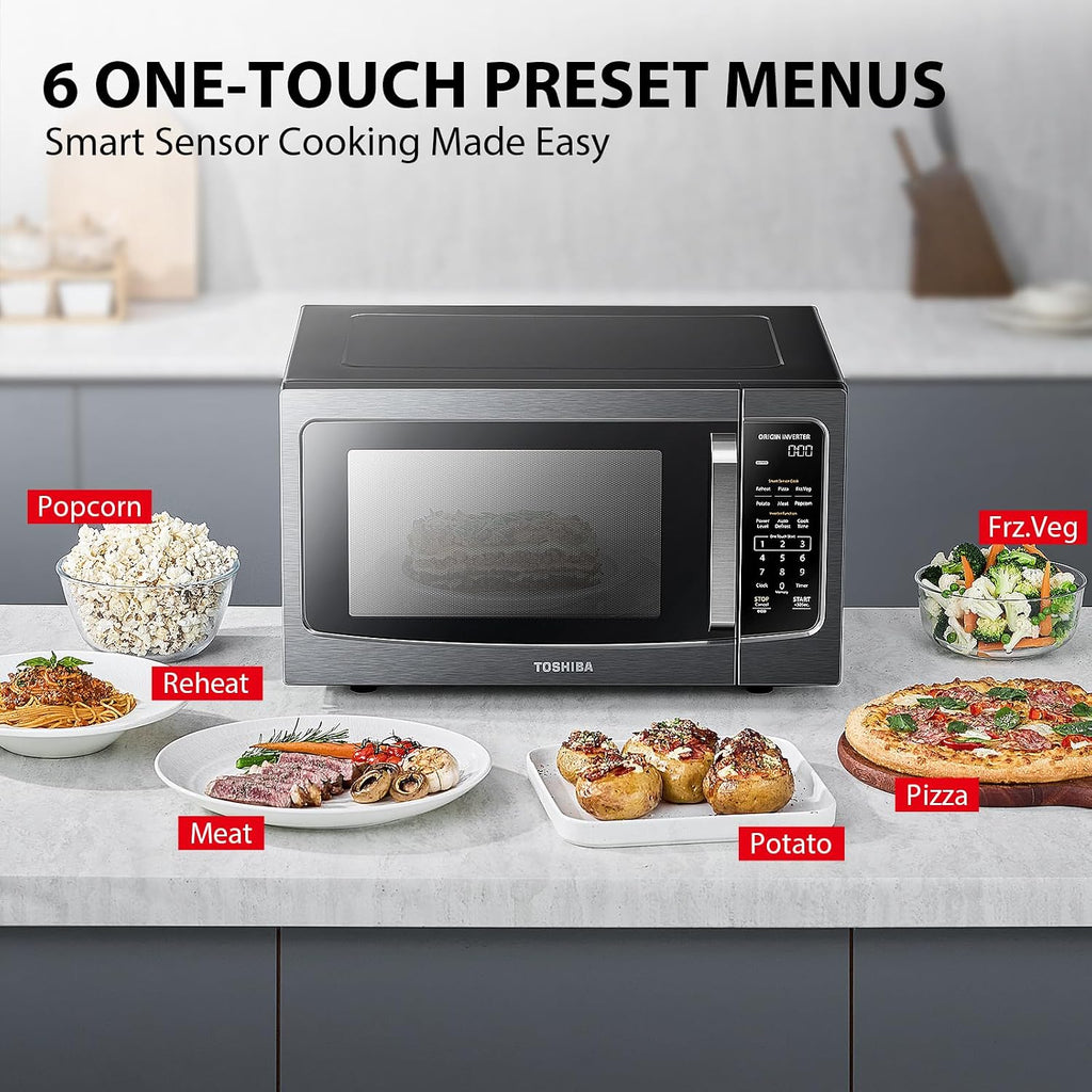 TOSHIBA ML-EM45PIT(BS) Countertop Microwave Oven with Inverter Technology, Kitchen Essentials, Smart Sensor, Auto Defrost, 1.6 Cu.ft, 13.6' Removable Turntable, 33lb.&1250W, Black Stainless Steel