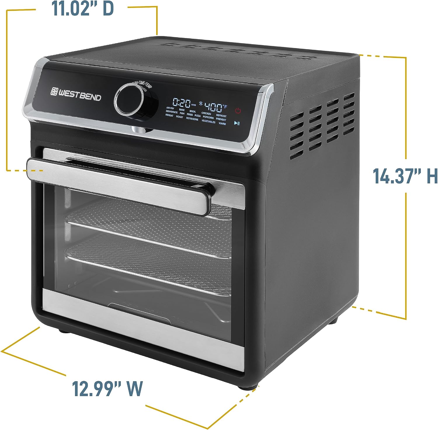 West Bend Air Fryer Oven 15-Quart Capacity with Digital Controls Easy-View Door and 16 Cooking Presets, Includes Eight Cooking Accessories, 1000-Watts, Black
