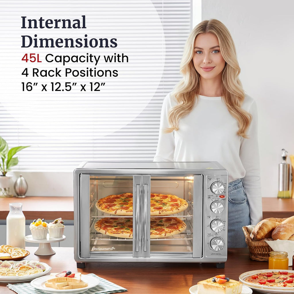 Elite Gourmet ETO-4510M French Door 47.5Qt, 18-Slice Convection Oven 4-Control Knobs, Bake Broil Toast Rotisserie Keep Warm, Includes 2 x 12' Pizza Racks, Stainless Steel
