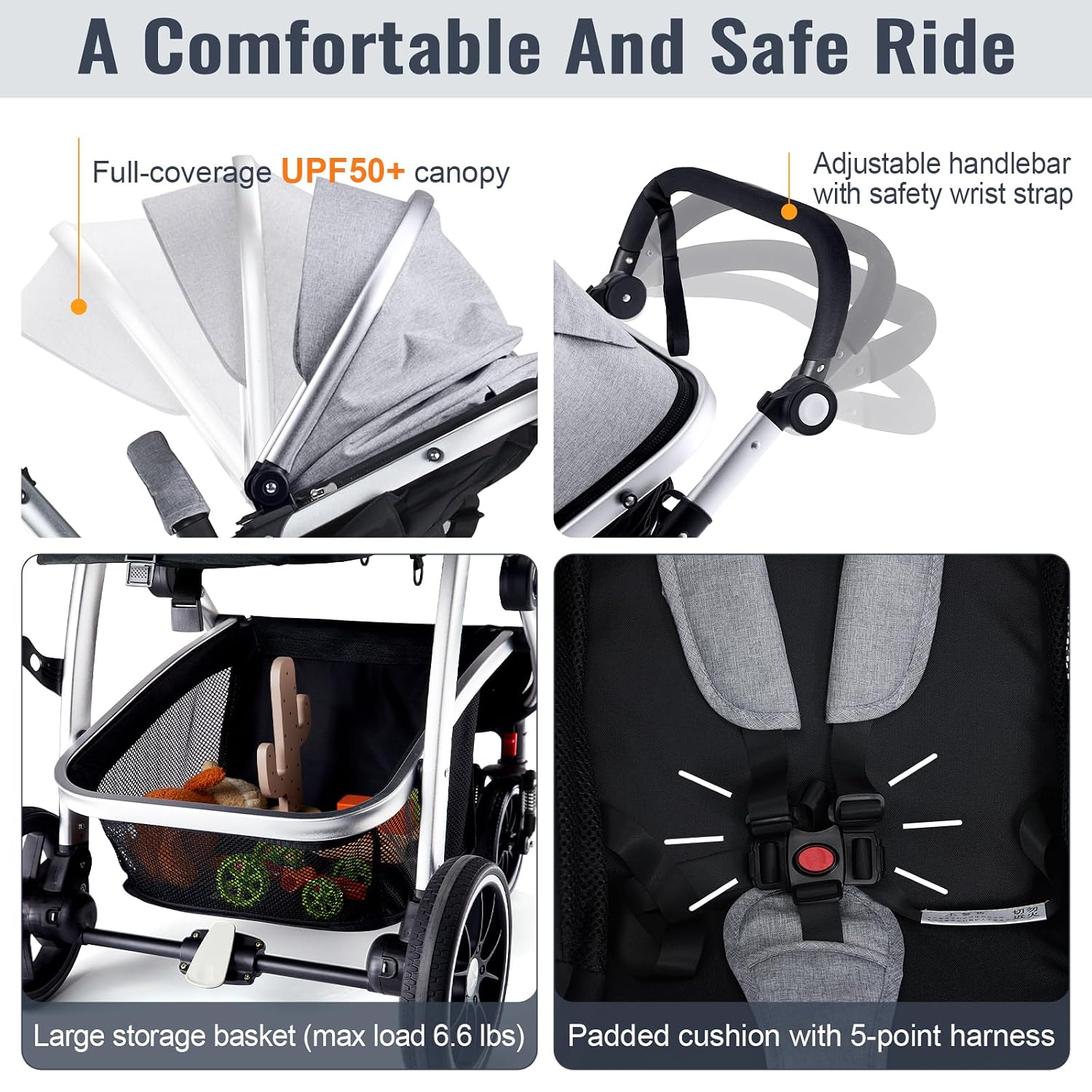 Hagaday Baby Stroller, 2-in-1 Reversible Toddler Seat with Basket Mode, Foldable Infant Stroller with Canopy, One Button Brake, Adjustable Handle, Newborn Pushchair (Gray)