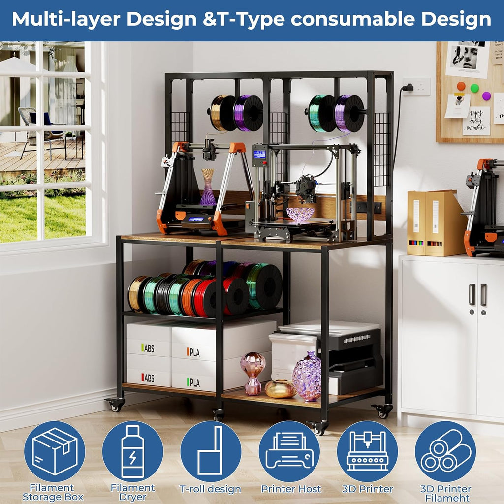 Dual 3D Printer Stand with Filament Storage Workstation, Heavy Duty Mobile 3D Printer Table Workbench, T-Shaped Spools Holder Rack, 3D Printer Workbench for Home & 3D Printing Studio