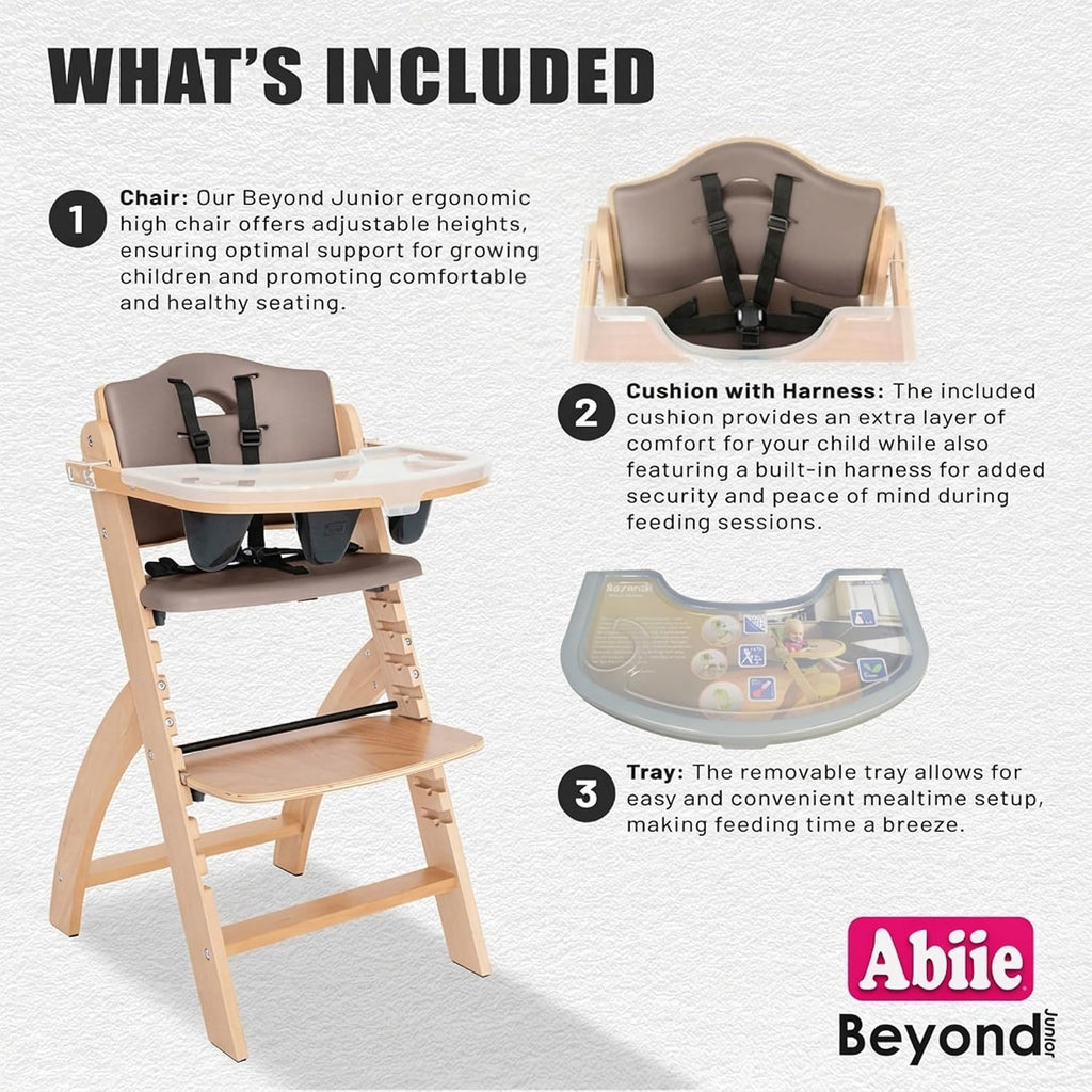 Abiie Beyond Junior Wooden High Chair for Babies and Toddlers - Convertible 3-in-1 Baby Highchair with Removable Tray - 6 Months to 250 Lb - Water Resistant - Natural Wood with Soft Mocha Cushion