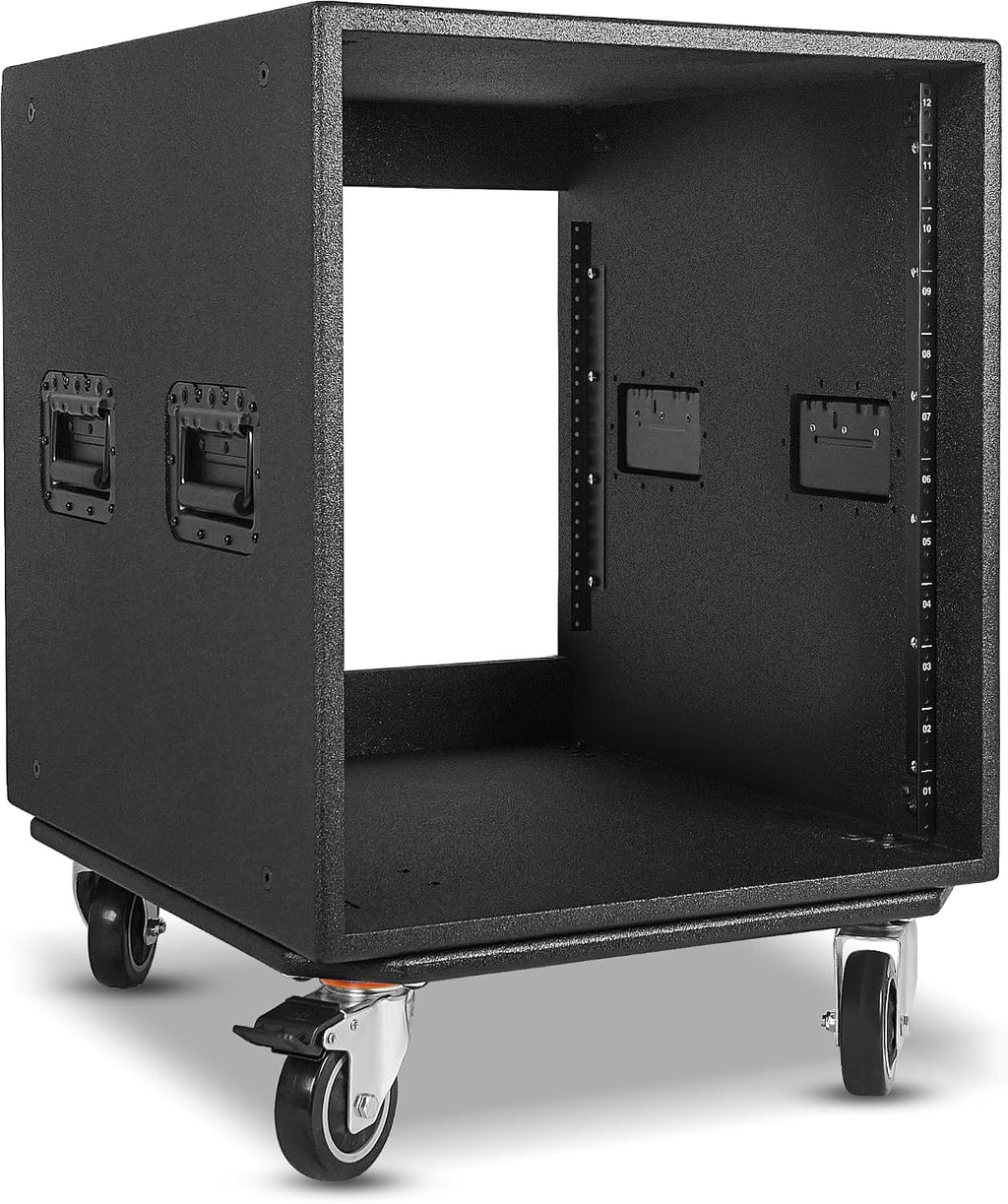 Sound Town 12U PA/DJ Rack/Road Case with 12-Space, Industry-Grade 0.7' (18mm) Plywood with Polyurea Coating, Rain Cover, Casters, 21.7' Rackable Depth - Pro Tour Grade (STRCP-12UW)