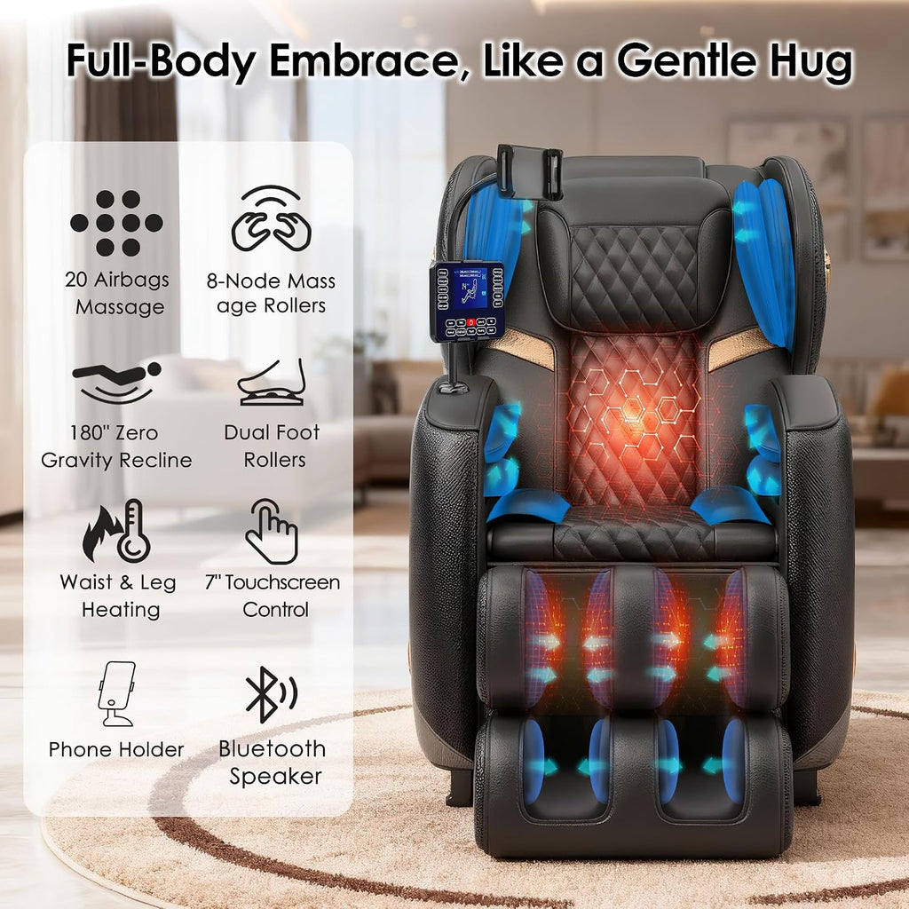 Luxury 3D Zero Gravity Full-Body Shiatsu Massage Chair with 10-Node Rollers,20 Airbags,Waist & Leg Heating, Bluetooth Audio, and Extendable Footrest - Home Relaxation Recliner (Carbon Black)
