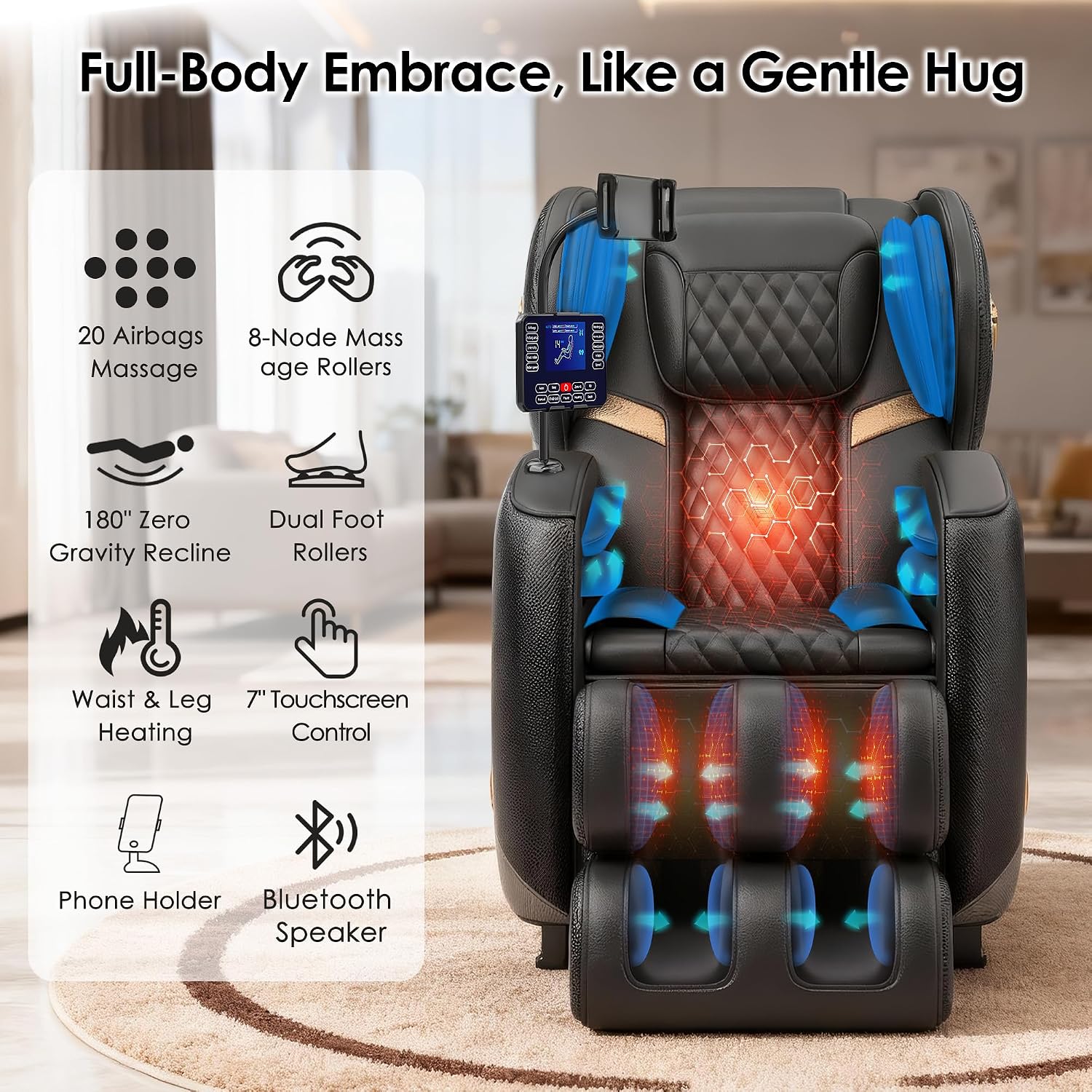 Luxury 3D Zero Gravity Full-Body Shiatsu Massage Chair with 10-Node Rollers,20 Airbags,Waist & Leg Heating, Bluetooth Audio, and Extendable Footrest - Home Relaxation Recliner (Carbon Black)