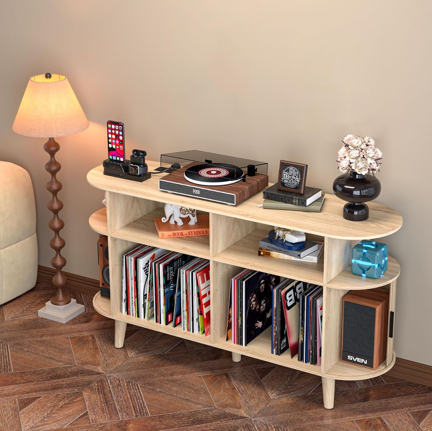 LUVIOHOME Large Round Record Player Stand with Charging Station & USB Ports，Record Storage Cabinet, Mid Century Modern Turntable Stand for Bedroom Living Room (Oak)