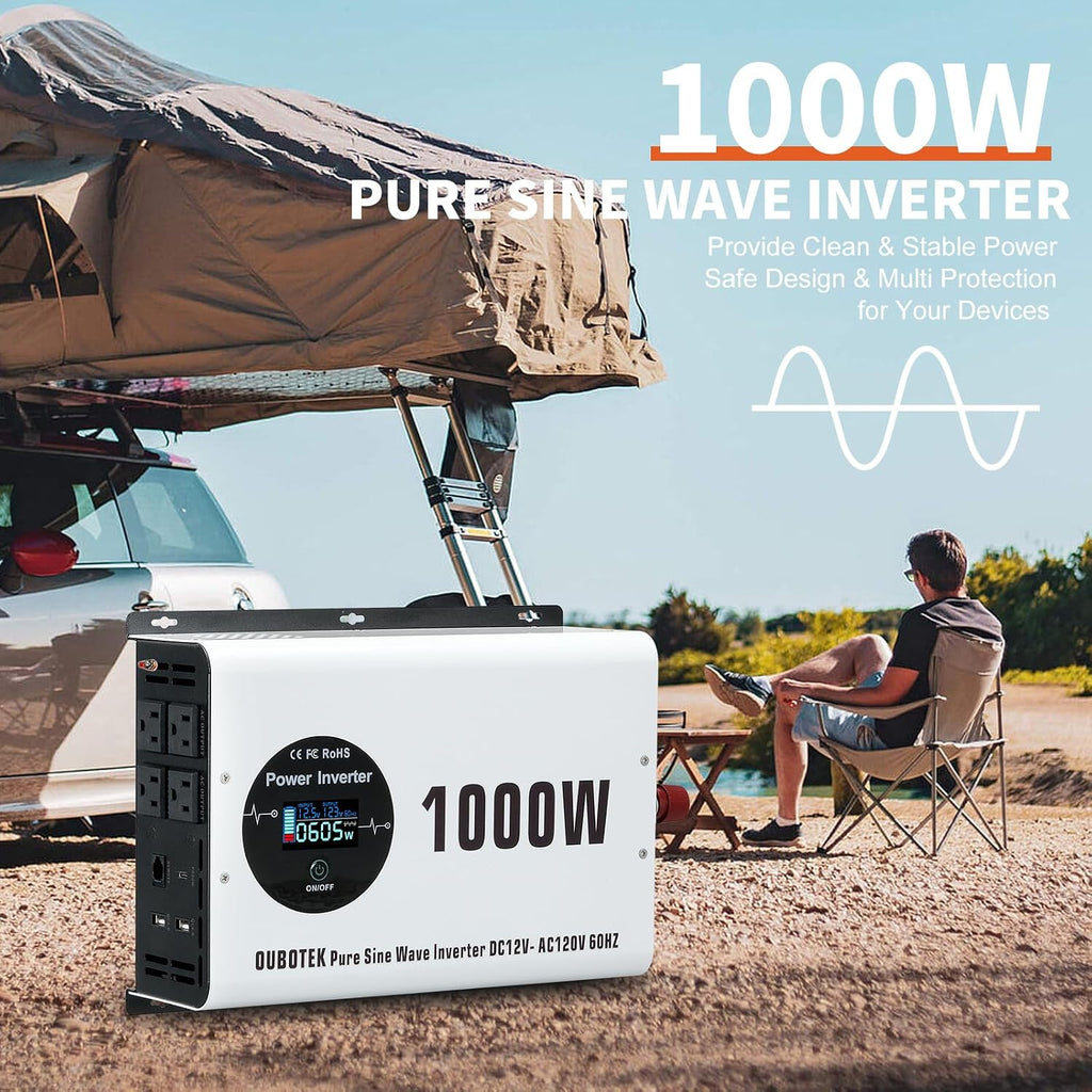 1000 Watts Power Inverter Peak Power 2000W Pure Sine Wave 12V DC to 120V AC RV Converter with Wireless Remote Control LCD Display 4 AC Outlets Dual USB Port Type C Off Grid Solar Inverter