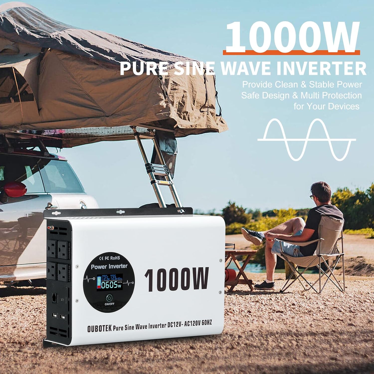 1000 Watts Power Inverter Peak Power 2000W Pure Sine Wave 12V DC to 120V AC RV Converter with Wireless Remote Control LCD Display 4 AC Outlets Dual USB Port Type C Off Grid Solar Inverter