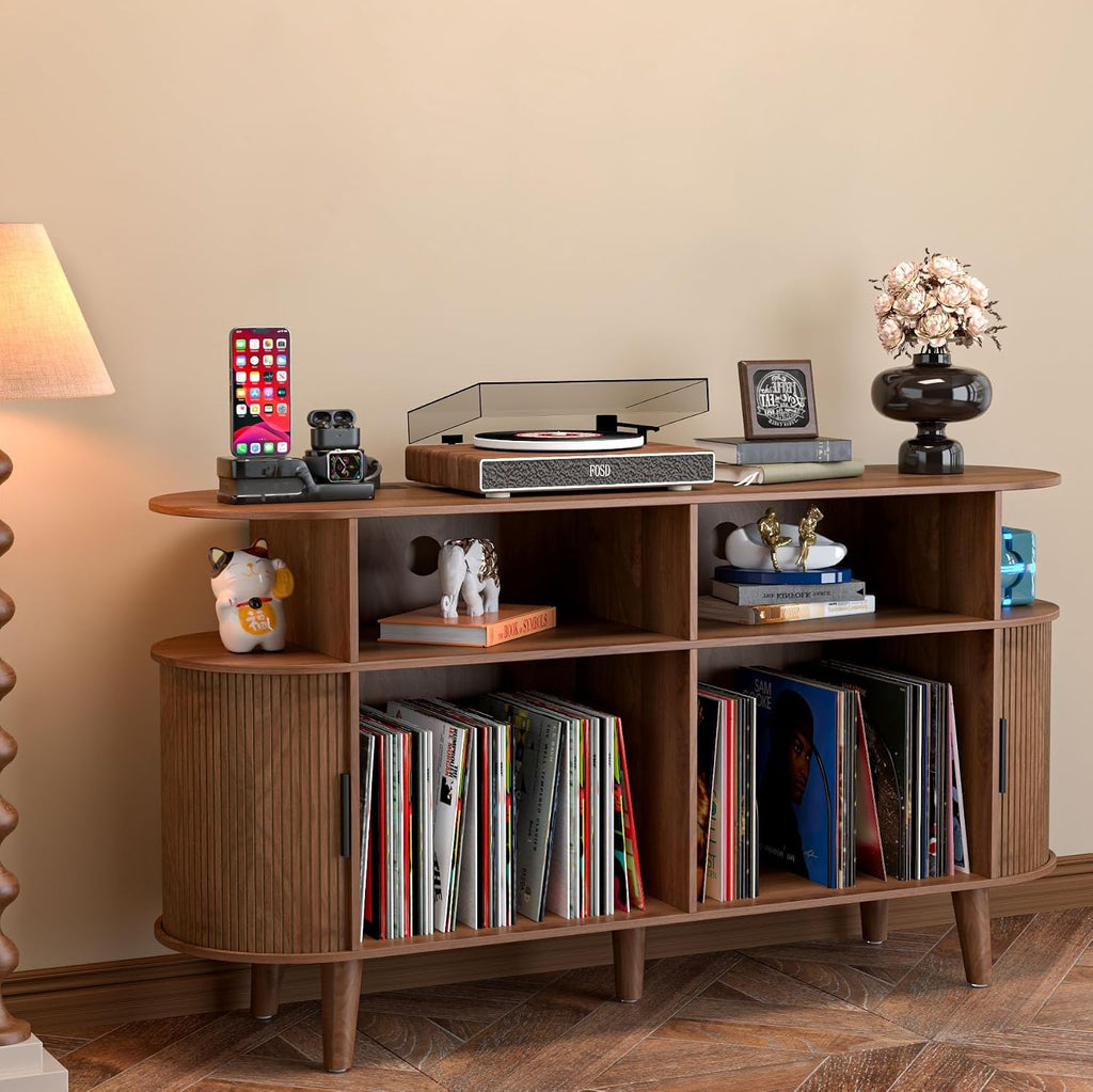 LUVIOHOME Large Round Record Player Stand with Charging Station & USB Ports，Record Storage Cabinet, Mid Century Modern Turntable Stand for Bedroom Living Room (Walnut)