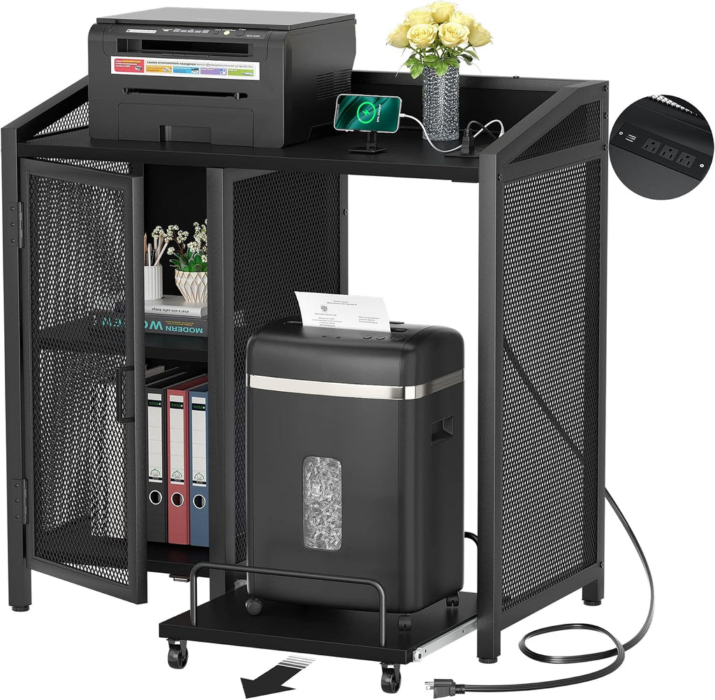 Unikito File Cabinet with Paper Shredder Stand On Wheel, Modern Vertical Filing Cabinet with Socket and USB Charging Port, Large Printer Stand with Adjustable Storage Shelf Rack for Home Office, Black