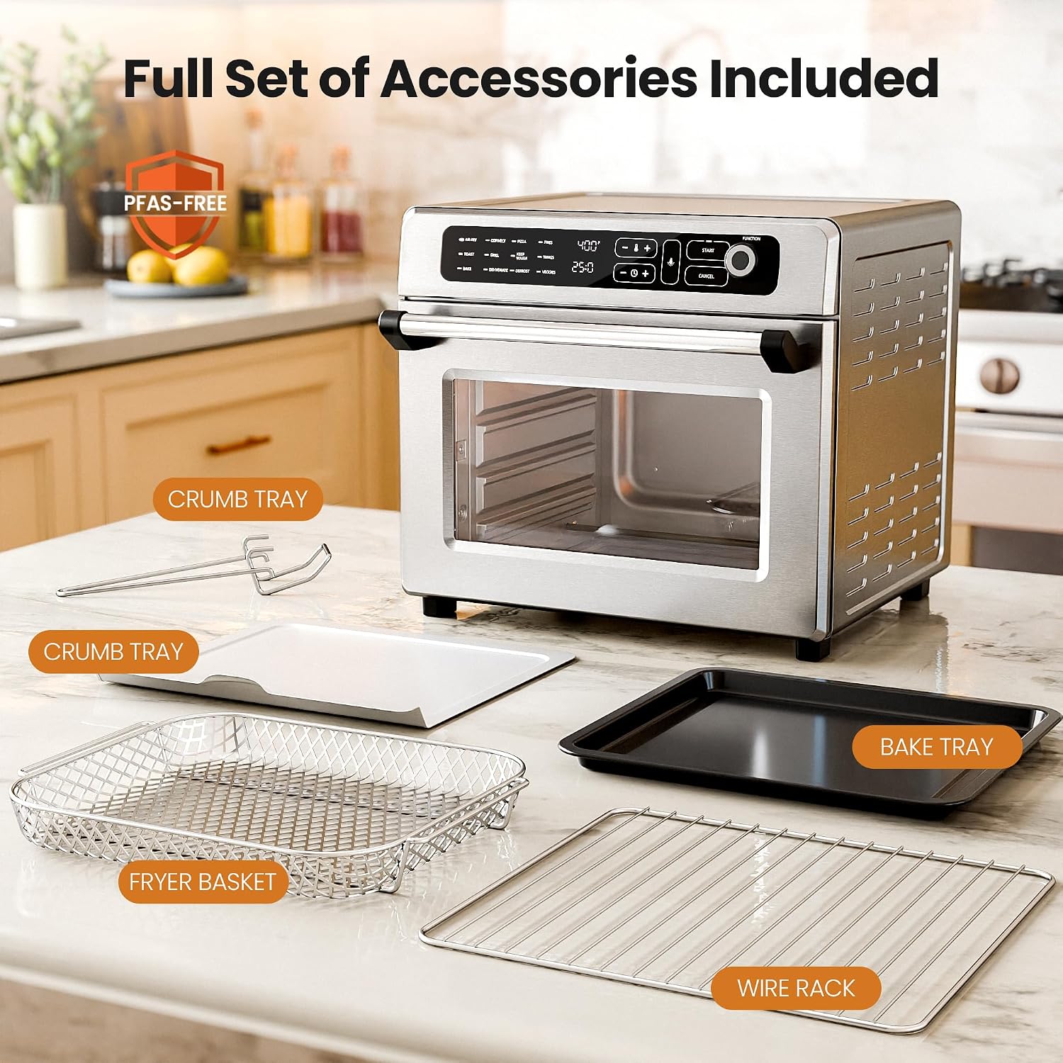 Kismile 25QT Air Fryer Toaster Oven Combo, 12-in-1 Countertop Convection Airfryer Oven, Adjustable 70–450℉ Temperature, Bake, Reheat & Broil, Fits 12″ Pizza, Complete Accessories Included, Silver