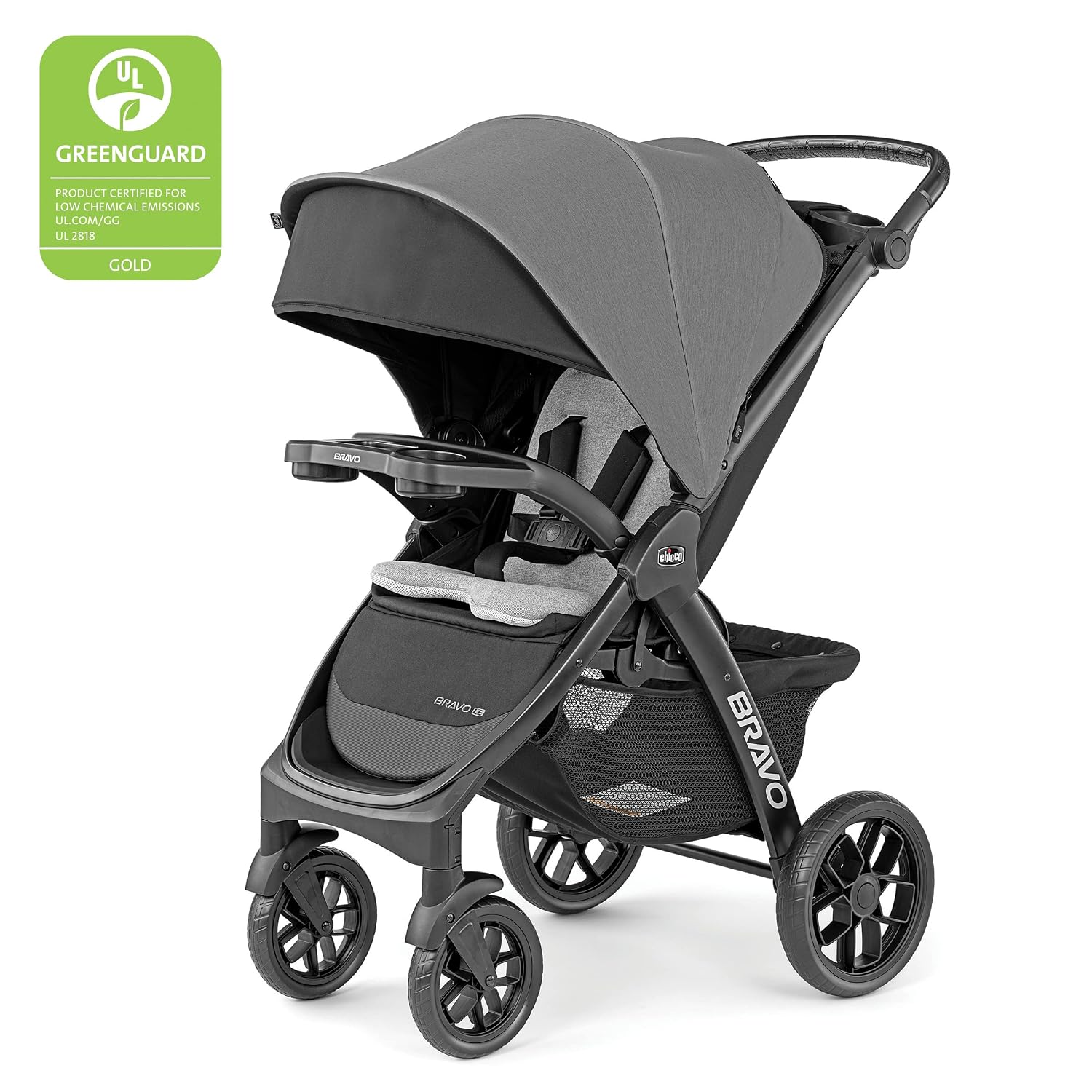 Chicco Bravo LE ClearTex Full-Size Stroller for Babies and Toddlers, UPF-Rated Canopy, GREENGUARD Gold Certified, Lightweight, One-Hand Compact Fold, Pewter/Grey