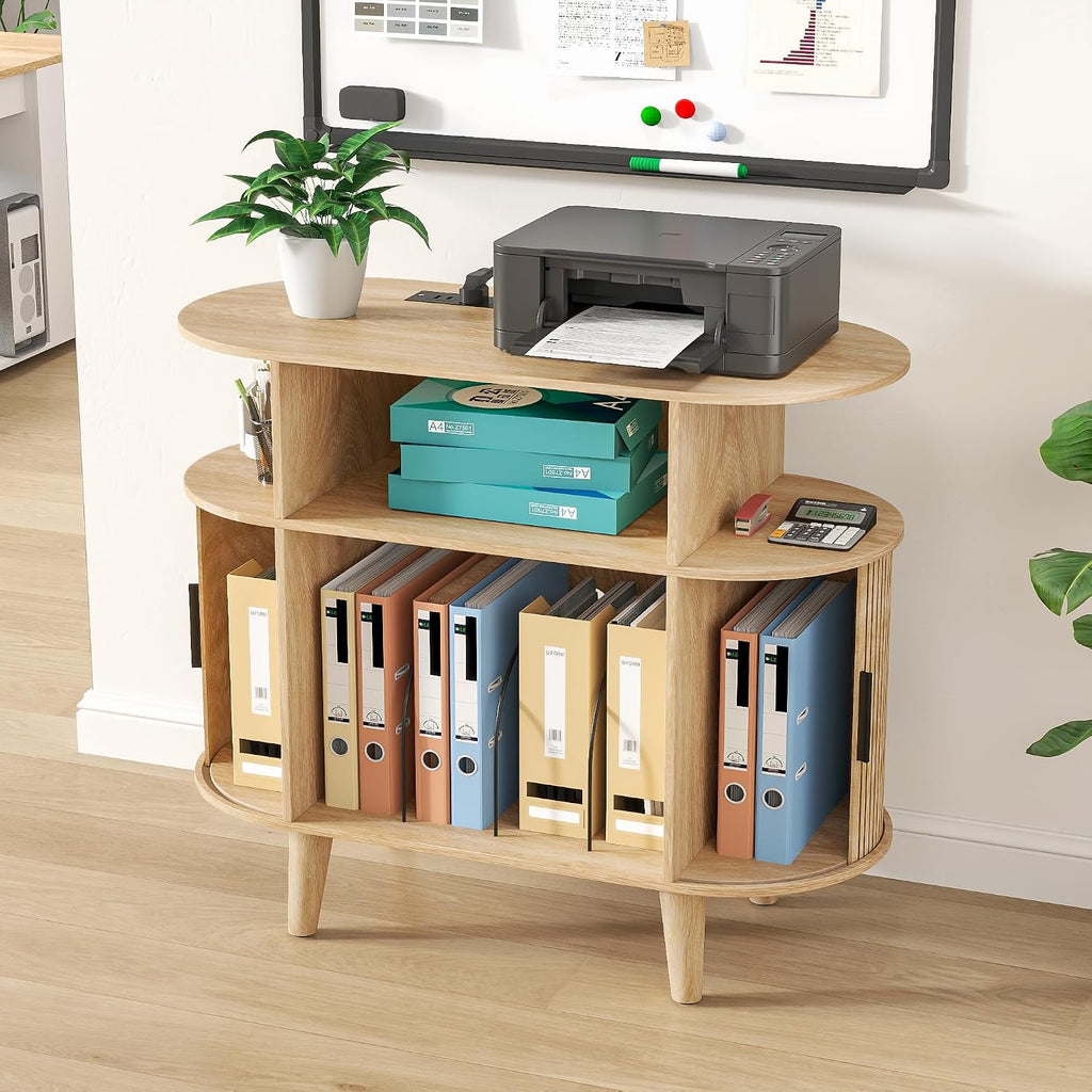 Fiogmub Round Printer Stand with Charging Station & USB Ports, 35.4 x15.7 x 30 Inches Large Printer Table 3 Tier with Storage Shelf for Home Office (Oak)