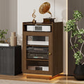 ELECWISH Media Cabinet with Tempered Glass Door, 5-Tier Stereo Cabinet with Adjustable Shelf, Media Stand with LED Light, AV Rack with Cable Management, Brown