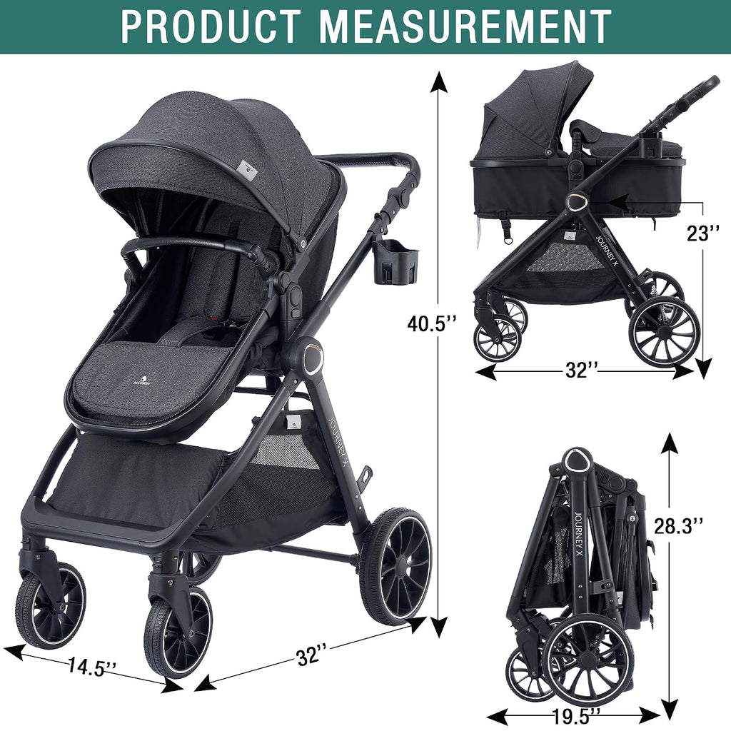 Accombe Baby Stroller, 2 in 1 Newborn Stroller Convertible Bassinet for Infant Toddler Pram with Footmuff (Black)