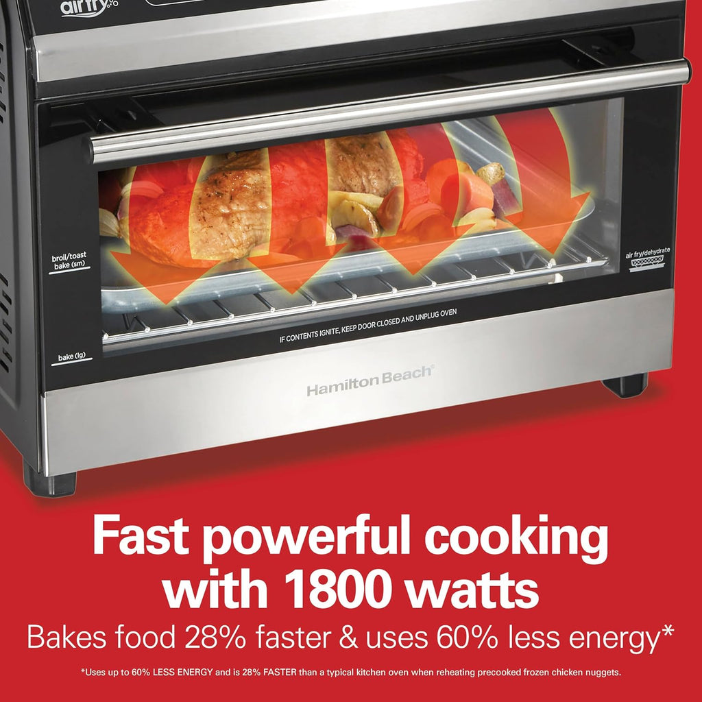 Hamilton Beach Digital Air Fryer Toaster Oven Combo, 10 Ways to Cook, 4 Preset Functions, Stay On & 1800 Watts, LED Capacitive-Touch Controls, 2 Rack Positions, Fits 12' Pizza, Black & Stainless Steel