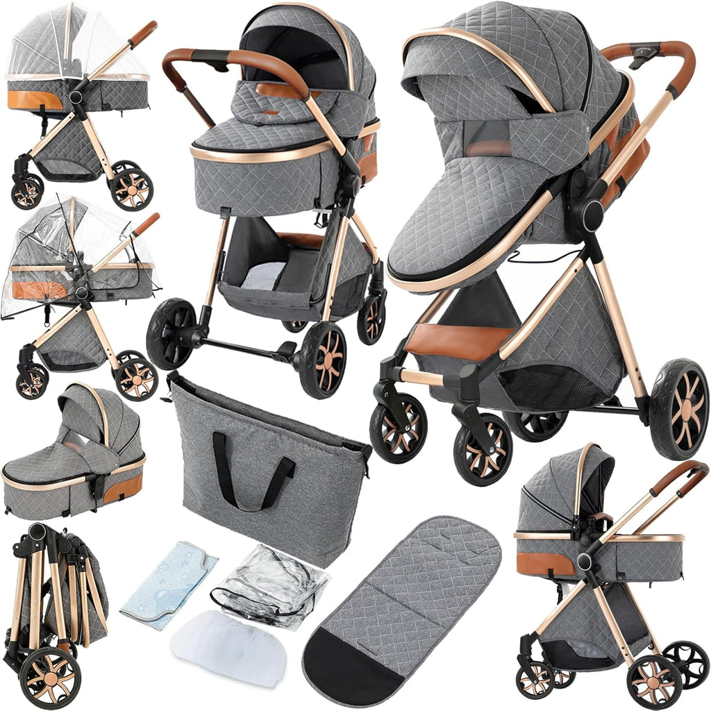 2 in 1 Baby Stroller, Convertible Pram, Reversible Standard Stroller, Portable Baby Buggy, Infant Carriage, Foldable High Landscape Pushchair for Toddler Newborn (225 Grey)
