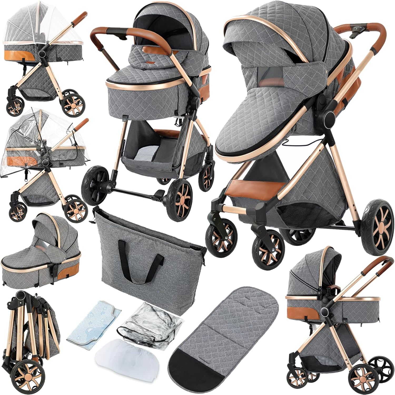 2 in 1 Baby Stroller, Convertible Pram, Reversible Standard Stroller, Portable Baby Buggy, Infant Carriage, Foldable High Landscape Pushchair for Toddler Newborn (225 Grey)