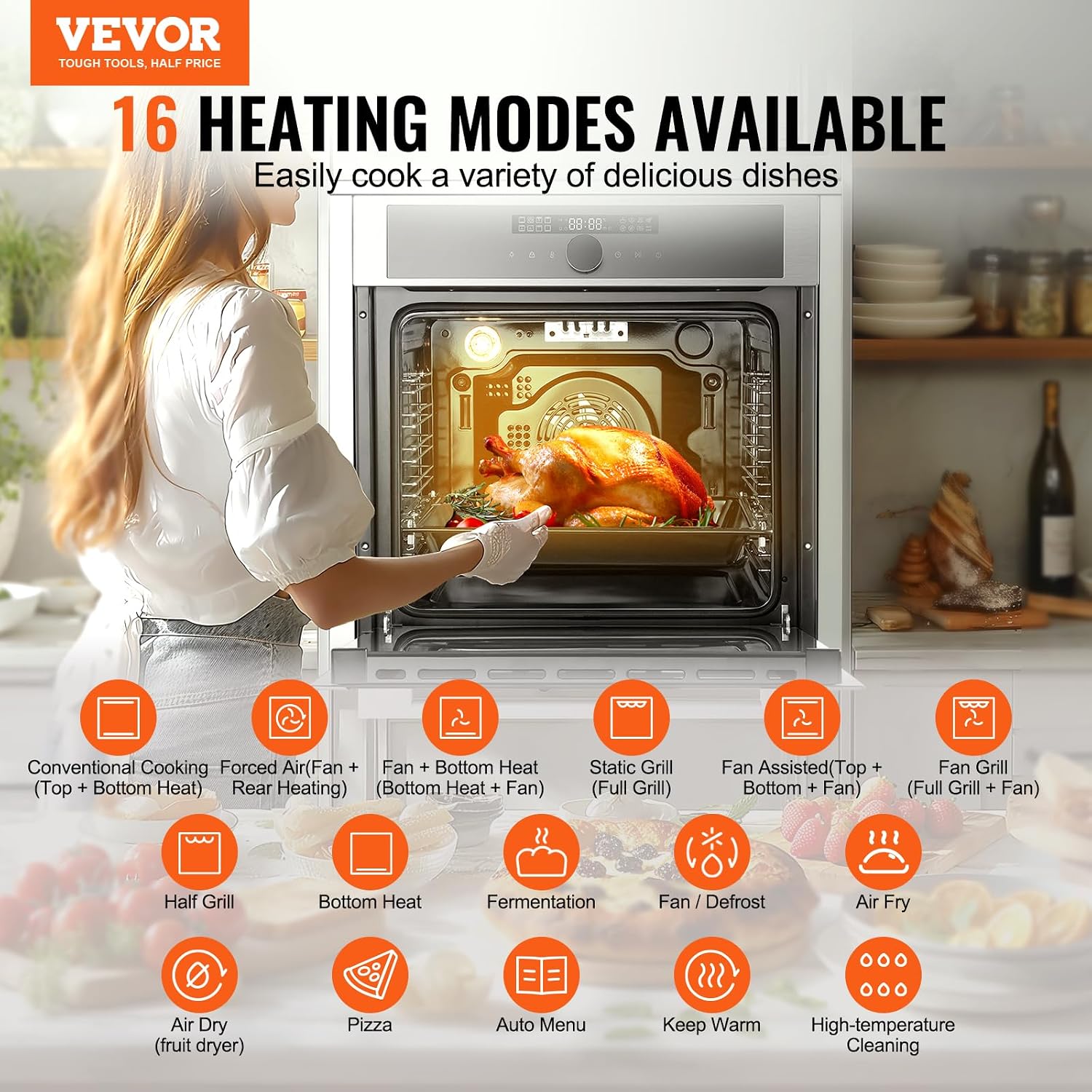 VEVOR Single Wall Oven, 24' Electric Built-in Wall Oven with 16 Cooking Functions, 2.68 Cu.Ft Electric Wall Ovens with Timer, 3150W 76L Large Capacity Ovens with Baking Rack and Tray, for Kitchen