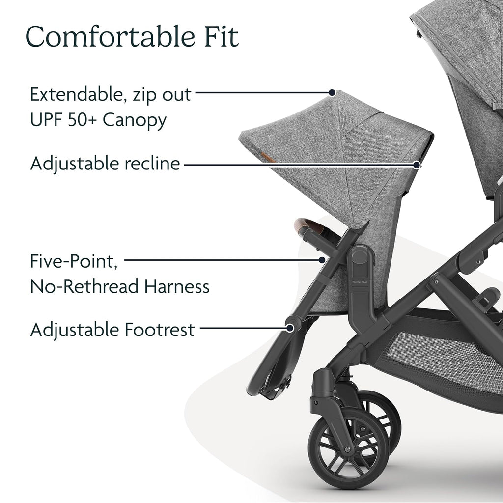 UPPAbaby RumbleSeat V2+ Second Lower Seat/Compatible with Vista V2 and Vista V3 / Adapters, Bumper Bar, Bug Shield Included/Emmett (Green Mélange/Silver Frame/Saddle Leather)