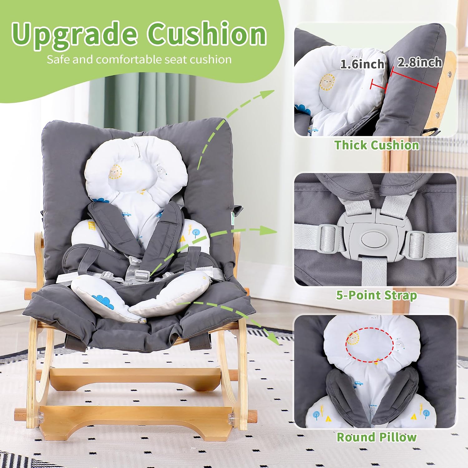 MallBest 3-in-1 Baby Rocker Chair with Double Cushions, for 0-12 Months, Adjustable Wooden Infant Rocker with Removable Cushion and 5-Point Harness for Infant to Toddler（Grey）