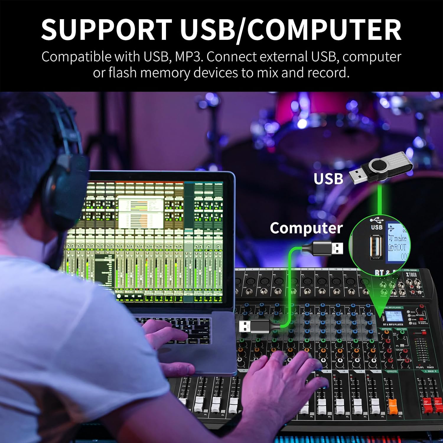 XTUGA 12 Channel Audio Mixer, Professional Sound Board Mixer, DJ Mixing Console System Audio Interface,48V Phantom Digital Effect for PC Podcast Studio Karaoke Streaming Live Recording(CT120)