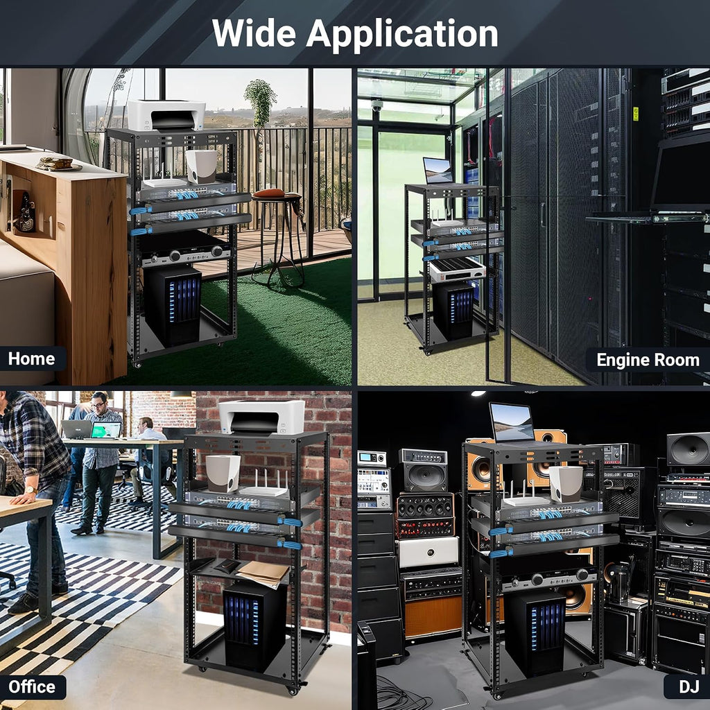 20U Server Rack w/ 2 Racks, Versatile Open Frame IT Rack - Wall-Mount, Rotate and Push w/Ease, AV Rack w/Top & Bottom Panels, Hook and Loop Straps for 19' Stereo/Data/IT/Computer Equipment