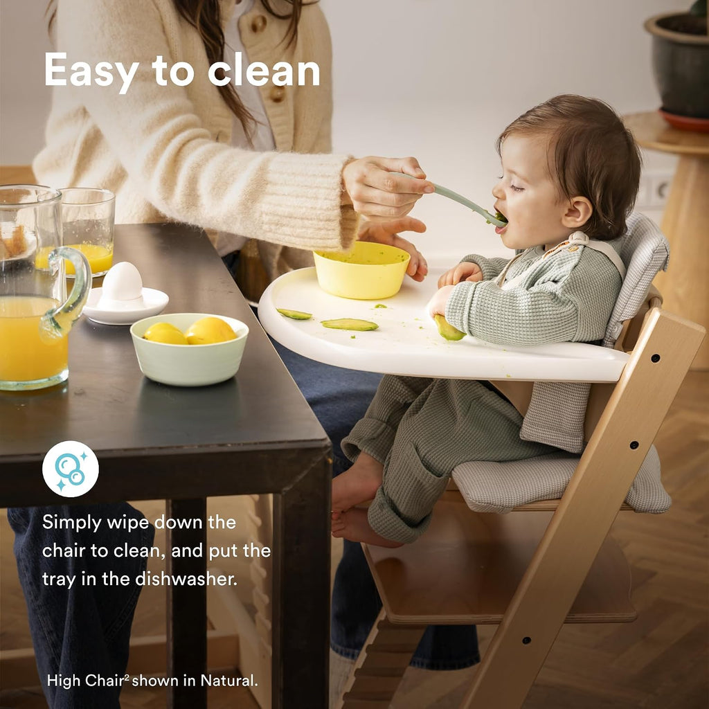 Stokke Tripp Trapp High Chair 2 (White), Cushion 2 (Nordic Grey) + Stokke Tray (White) - Includes Chair + Baby Set with Removable Harness for Children 6-36 Months
