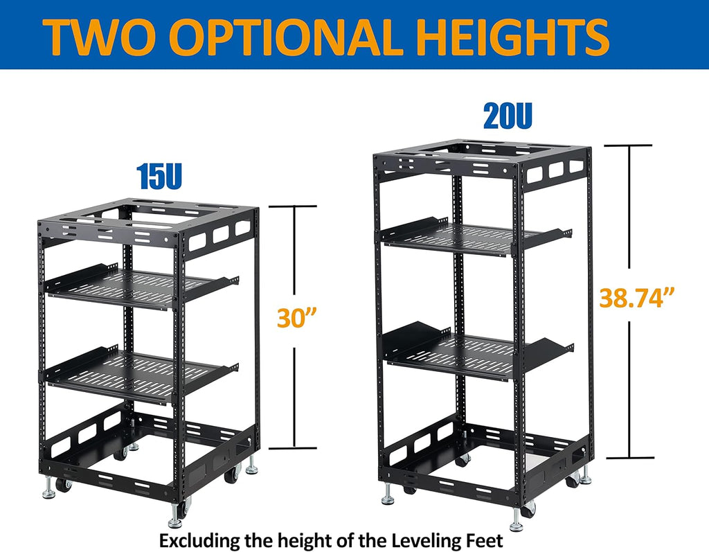 15U Open Frame Rack for Servers & AV Gear - Wall Mountable Design Includes 2X Vented Shelves, 4X Leveling Feet, 4X Casters
