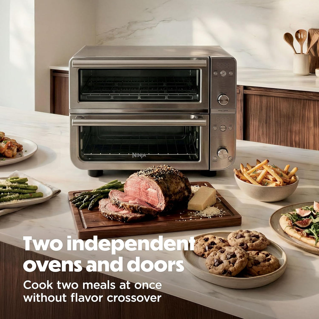 Ninja Double Oven Pro Smart XL Countertop Oven & Air Fryer | 30.2 Qt Capacity |12-in-1 Versatility with Smart Finish & DualZone Tech to Cook 2 Meals at Once | Fit up to 4.5lb Chicken | Silver | DCT821