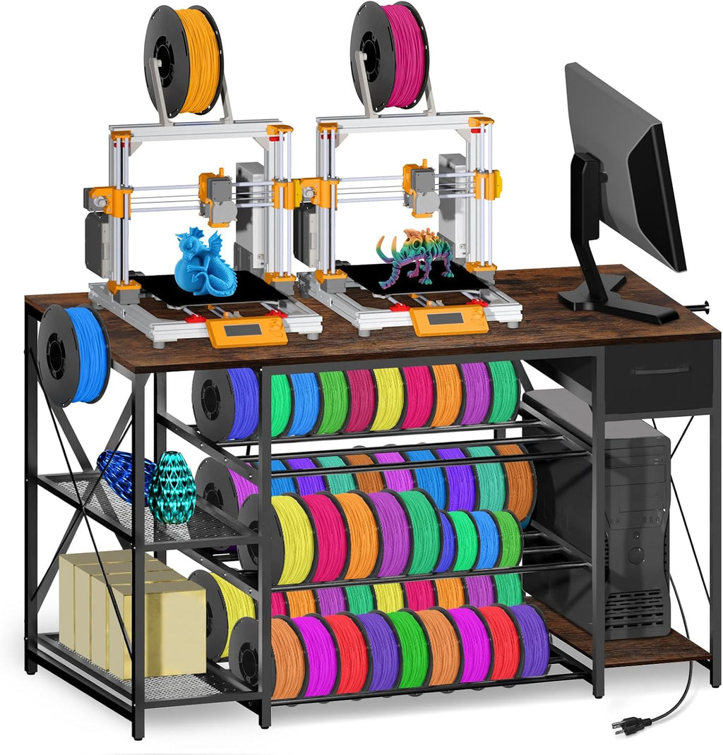 Heavy Duty 3D Printer Table with Storage, Large 4-Tier 3D Printer Stand with Power Outlet & Drawer, Sturdy Wooden Desk & Metal Filament Rack for Workshop, Home Office