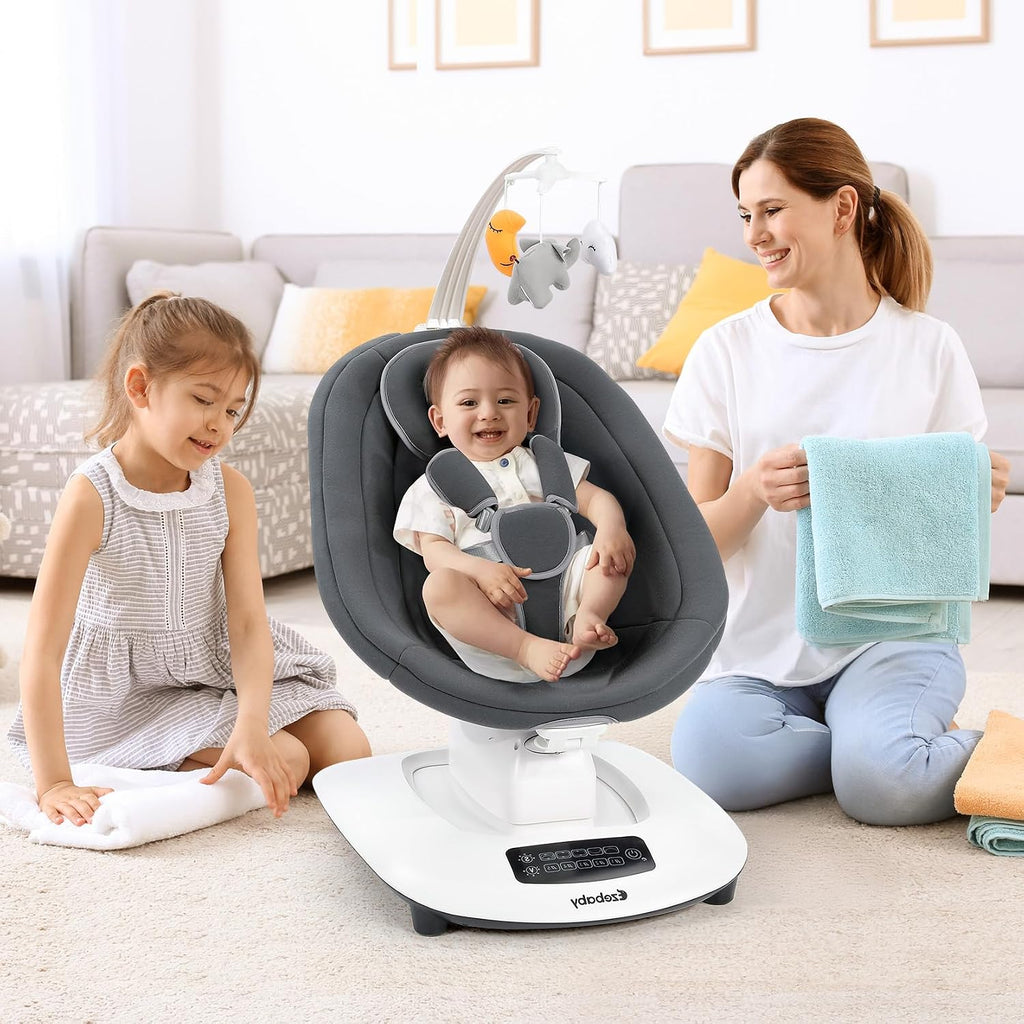 Ezebaby Electric Baby Swing for Infants with 5 Unique Motions, 5 Speeds, Lullabies, Bluetooth Enabled, Smart Baby Swings for Newborn with 5-Point Harness & Remote Control for 0-9 Months, Grey