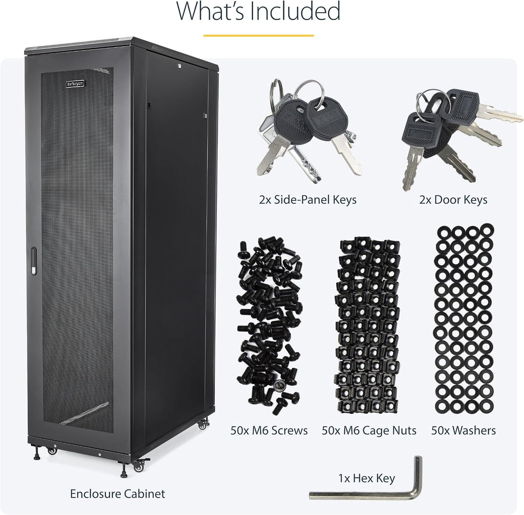 StarTech 42U Enterprise-Grade Server Rack Cabinet, Alloy Steel, 19in Enclosed 4-Post Rack with 36in (91cm) Mounting Depth and 2000lb (900kg) Weight Capacity, Black