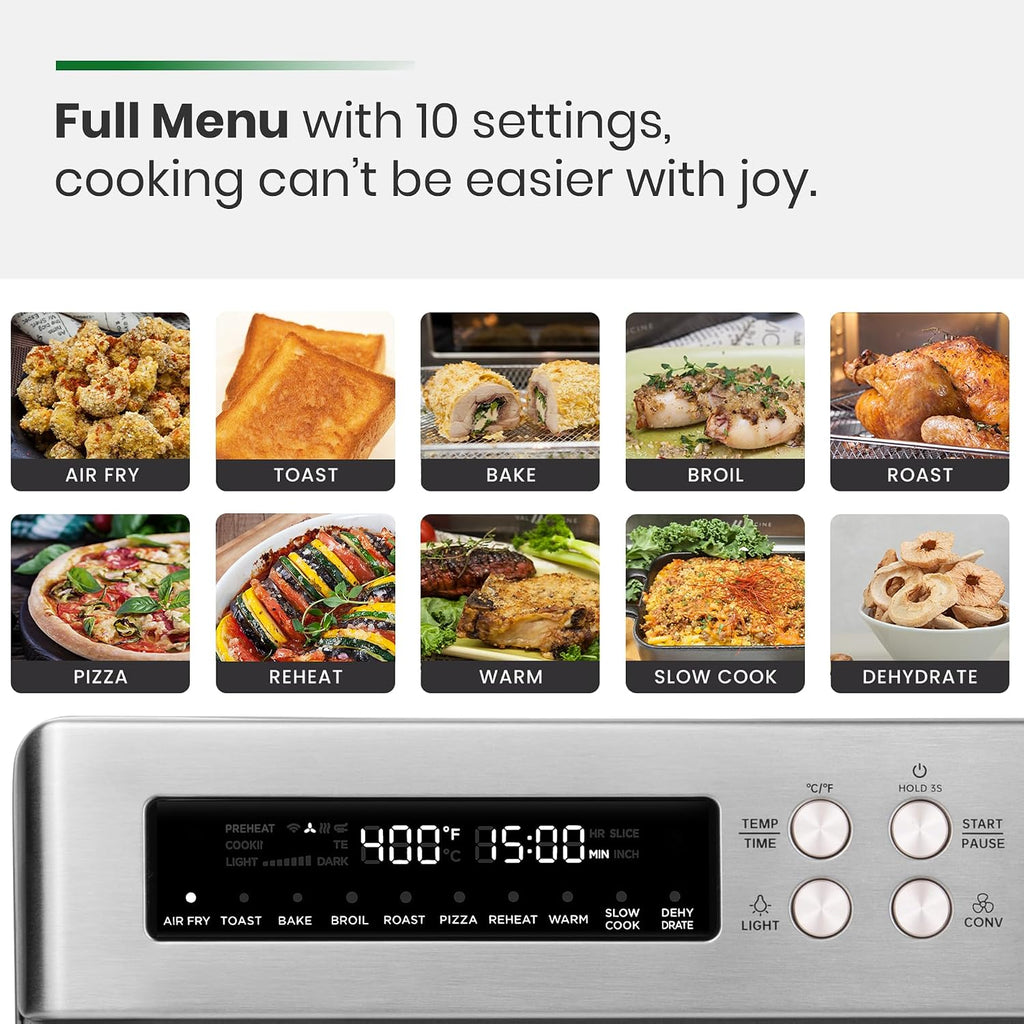 VAL CUCINA Infrared Heating Air Fryer Toaster Oven, Extra Large Countertop Convection Oven 10-in-1 Combo, 6-Slice Toast, Enamel Baking Pan Easy Clean with Recipe Book, Brushed Stainless Steel Finish