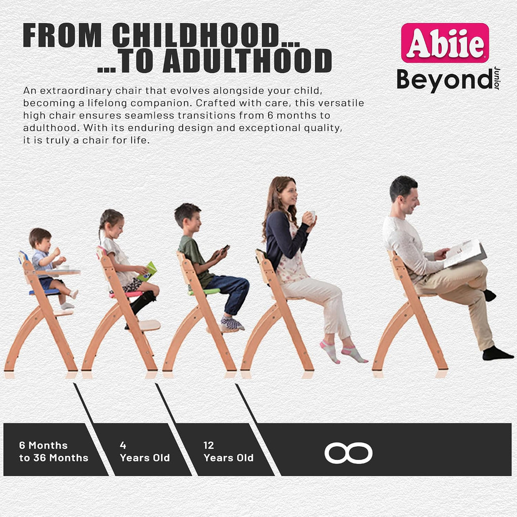 Abiie Beyond Junior Wooden High Chair for Babies and Toddlers - Convertible 3-in-1 Baby Highchair with Removable Tray - 6 Months to 250 Lb - Water Resistant - Natural Wood with Lilac Cushion