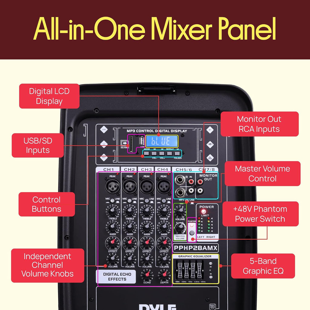 Pyle PA Speaker DJ Mixer Bundle - 300 W Portable Wireless Bluetooth Sound System w/ USB SD XLR 1/4' RCA Inputs - Dual Speaker, Mixer, Microphone, Stand, Cable - Home/Outdoor Party - PPHP28AMX,Black