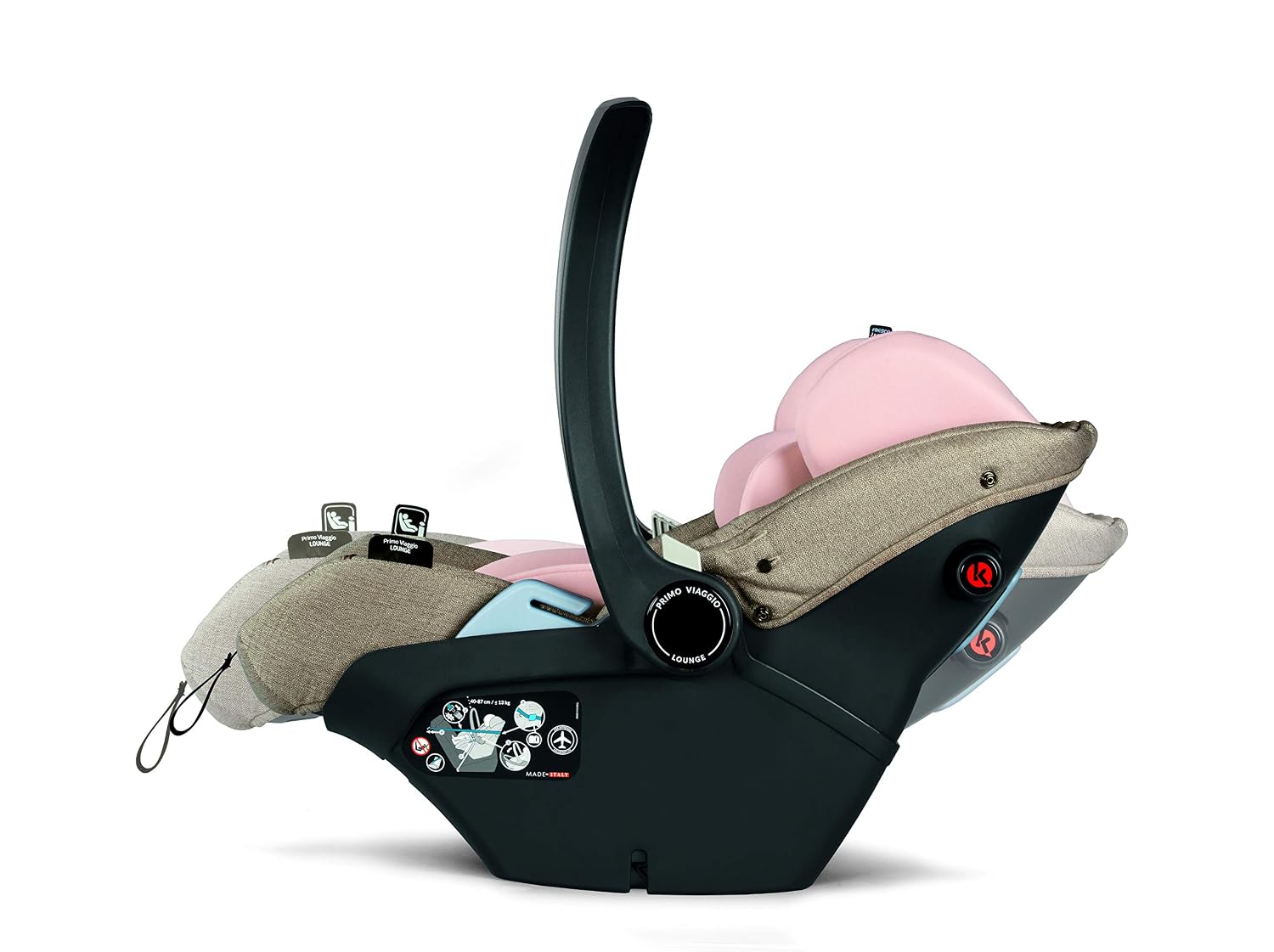 Peg Perego Primo Viaggio Lounge - Reclining Rear Facing Infant Car Seat - Includes Base with Load Leg & Anti-Rebound Bar - for Babies 4 to 30 lbs - Made in Italy - Mon Amour (Pink & Beige)